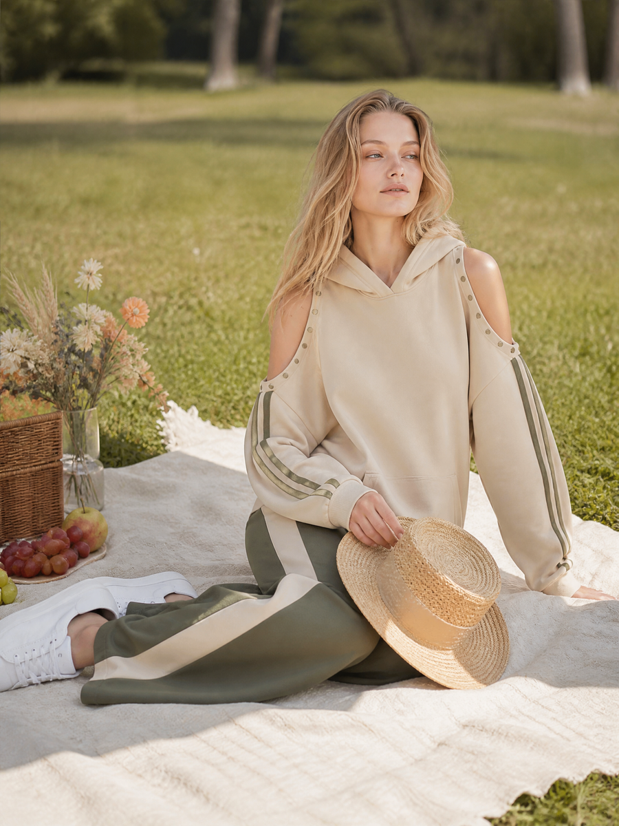 Stylish Khaki Off-Shoulder Long-Sleeve Hoodie And Color-Block Pants Set