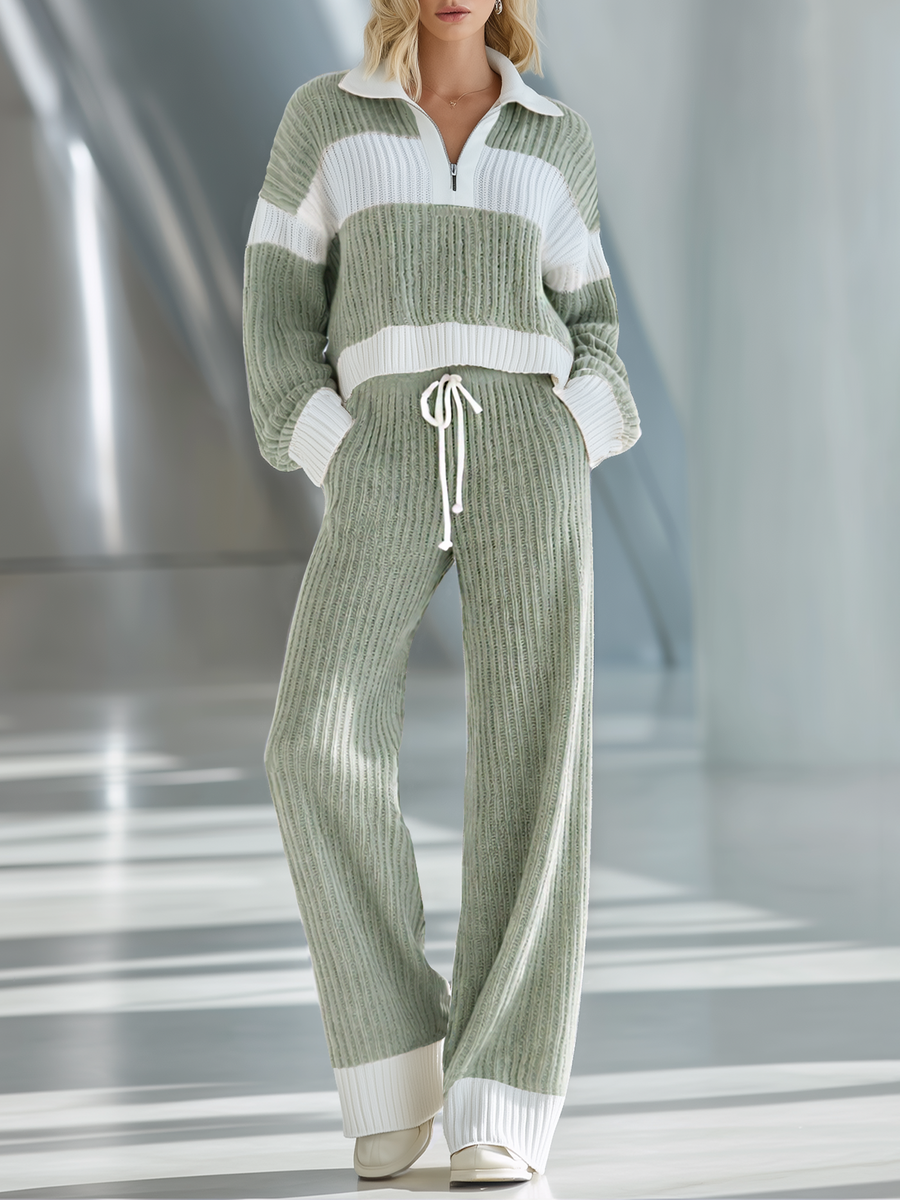 Women's Beige And White Striped Knitted Collared Half-zip Casual Set