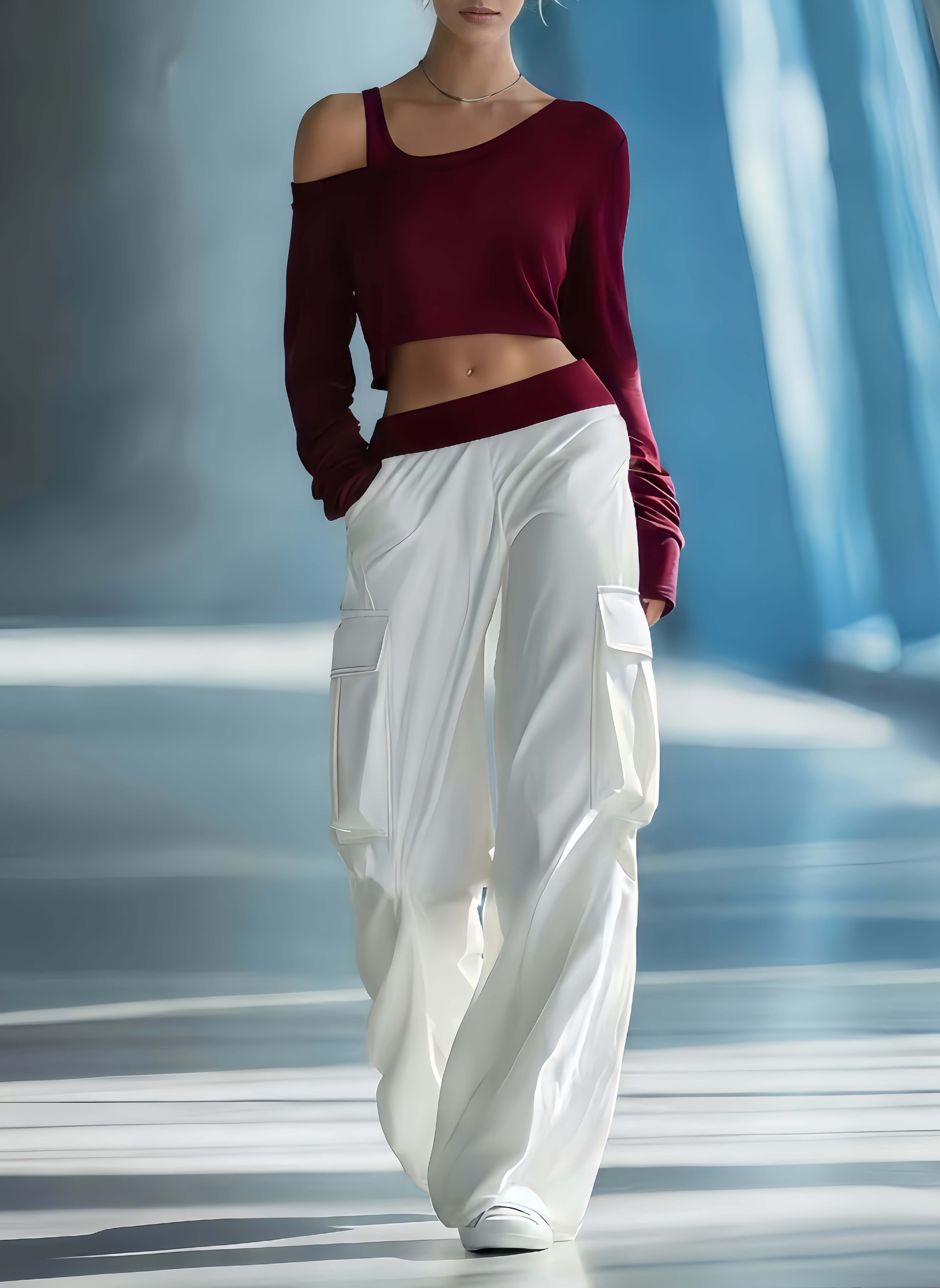 Women's Stylish Casual Dark Blue Off-the-shoulder Top And Trousers Set
