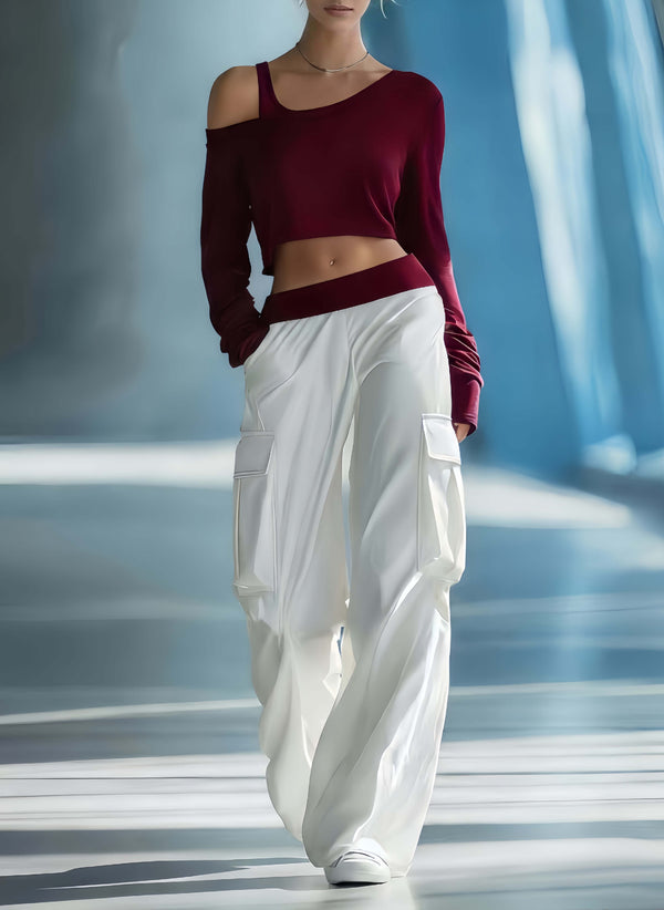 Women's Stylish Casual Dark Blue Off-the-shoulder Top And Trousers Set - Dark Red