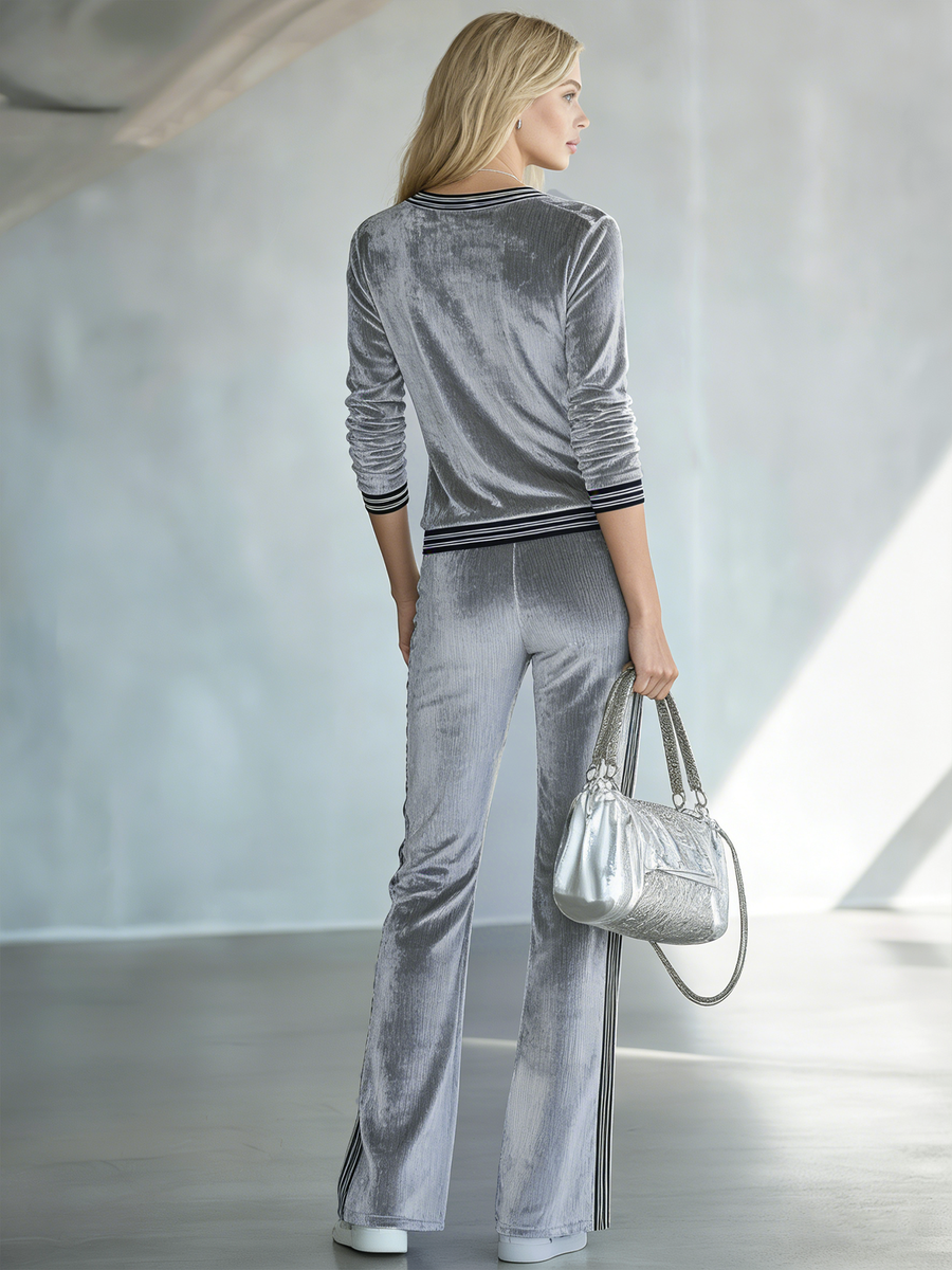 Women's High-quality Silver-gray Ribbed Velvet Wide-leg Trousers