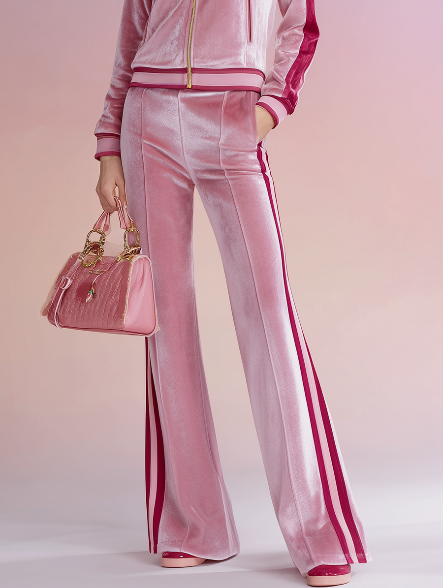 Women's Cherry Blossom Pink And Red Velvet Flared Trousers