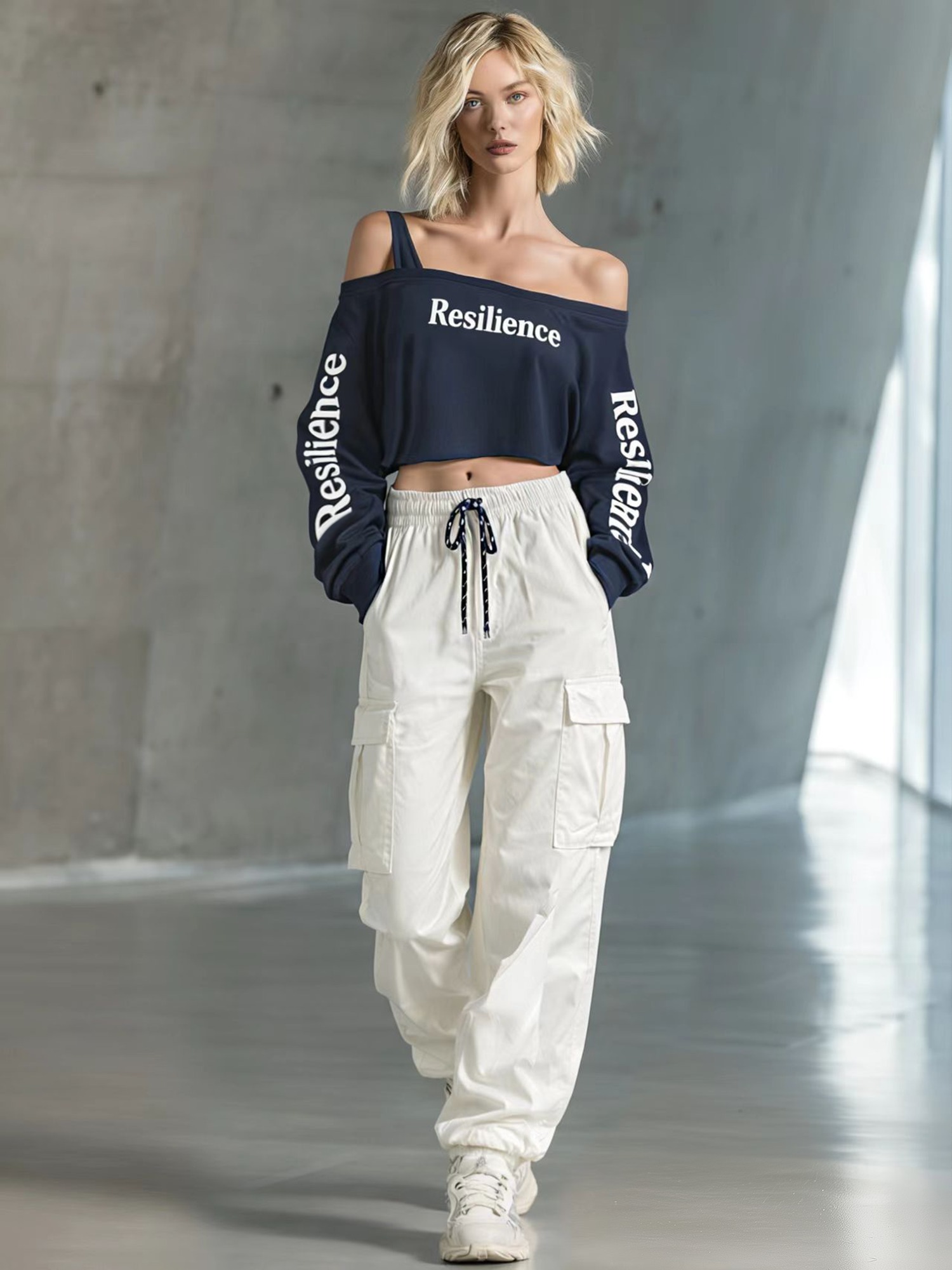 Women's Fashionable Casual Navy Blue Off-the-shoulder Short Sweatshirt With Letter Print