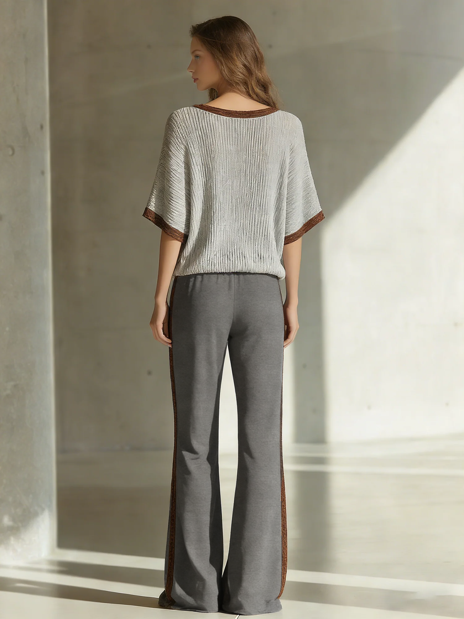 Women's Fashionable Casual Beige And Brown Color-blocked Wide-leg Flared Trousers