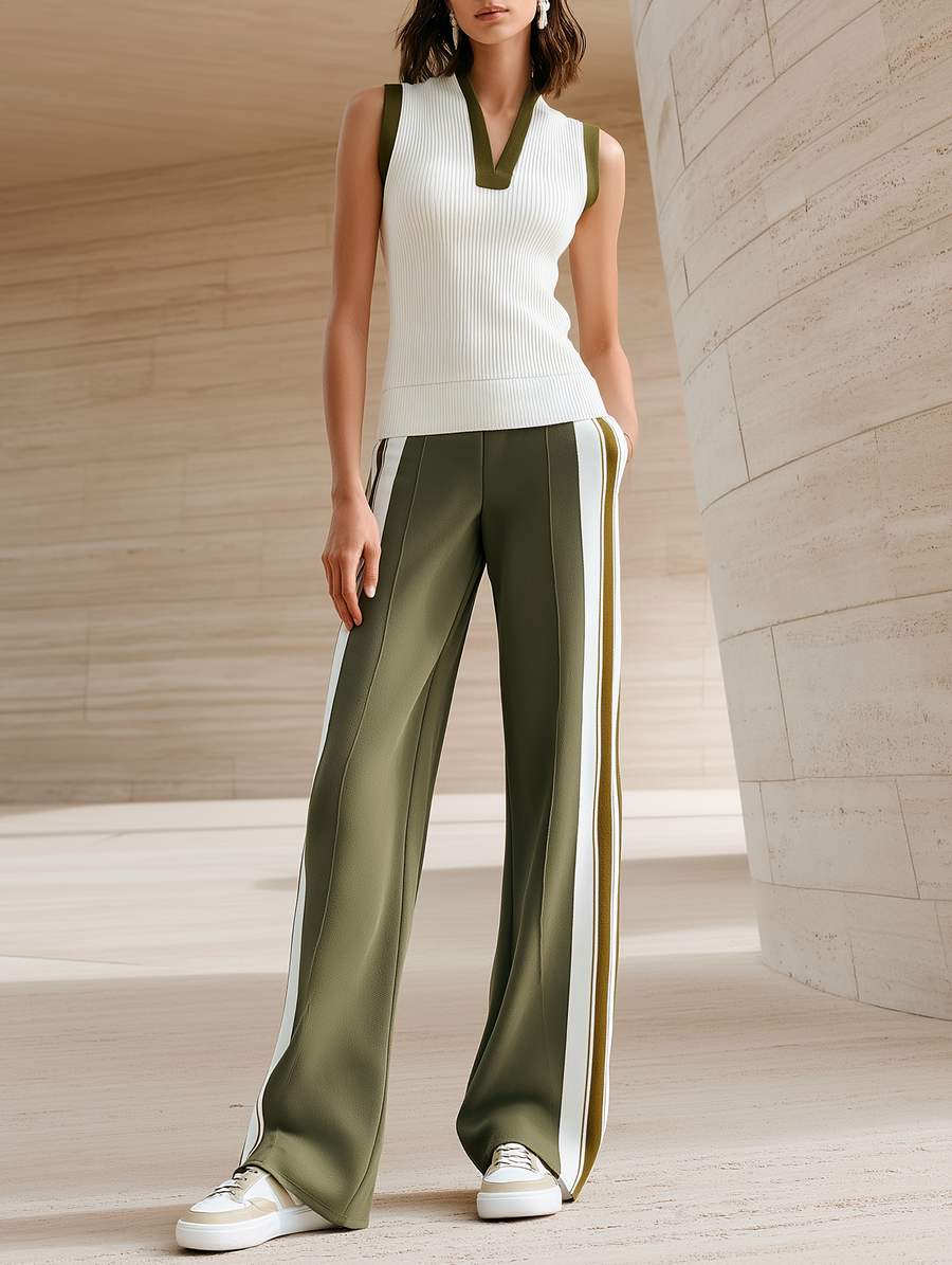 Color-Block Olive Green V-Neck Sleeveless Knit Vest & Side-Stripe Wide-Leg Pants Set