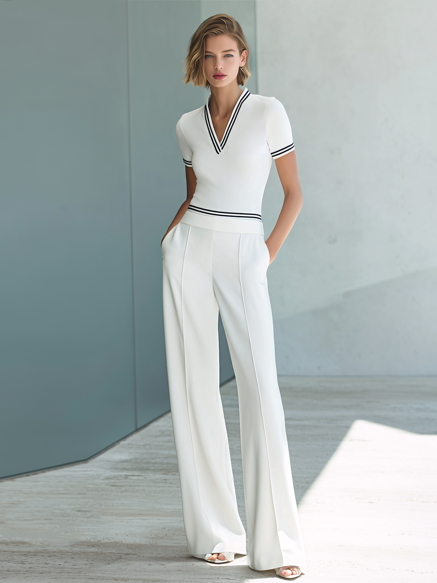 Stylish White V-Neck Top And Pants Set With Contrast Striped Trim