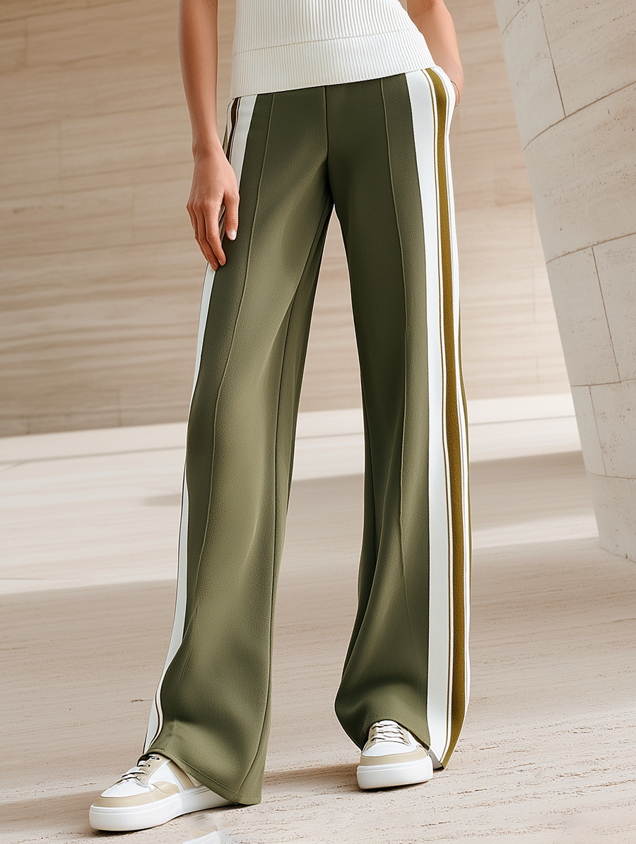 Color-Block Olive Green V-Neck Sleeveless Knit Vest & Side-Stripe Wide-Leg Pants Set
