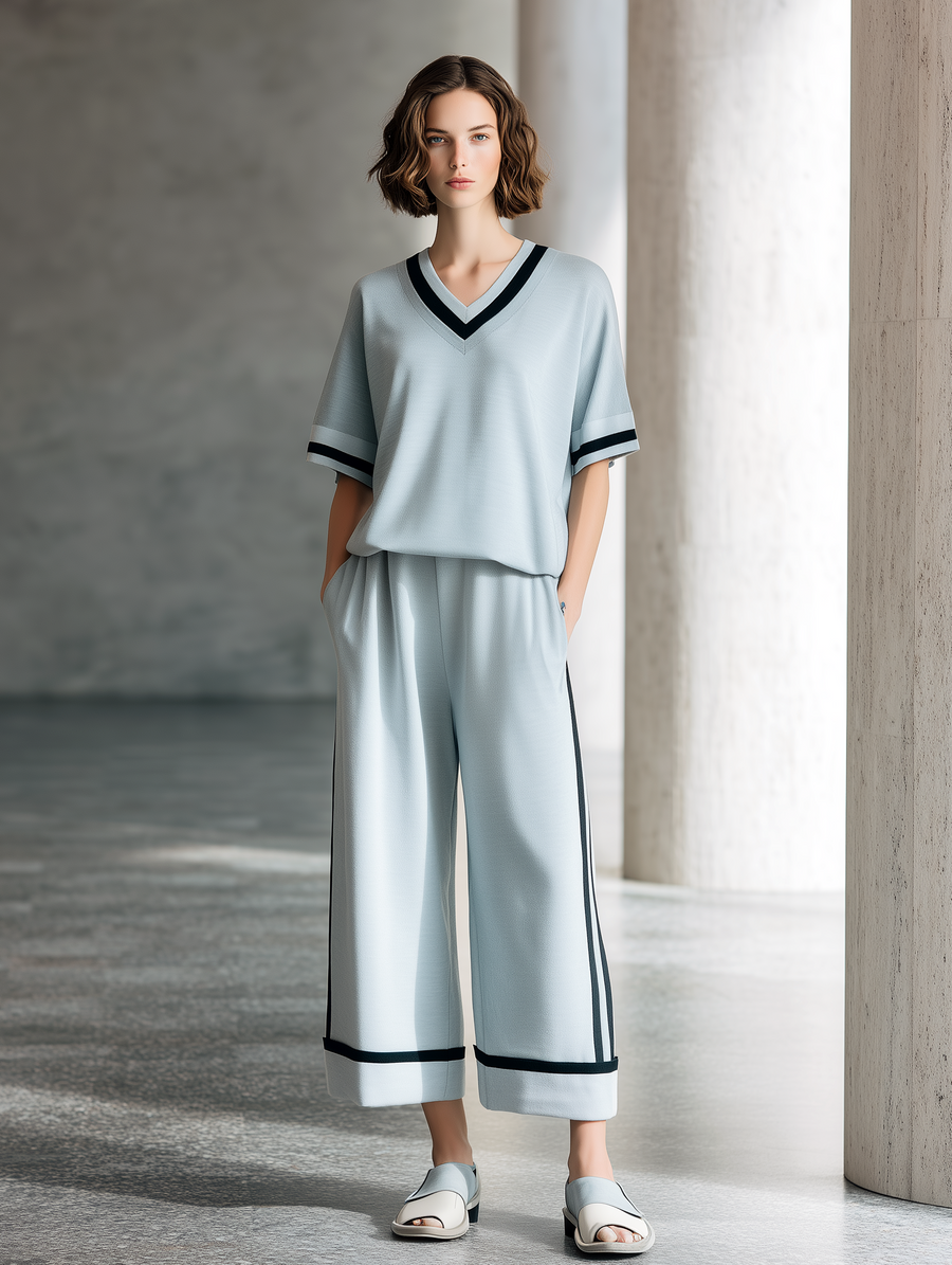 Relaxed-Fit Light Gray-Blue Short-Sleeve T-Shirt & Cropped Wide-Leg Pants Set