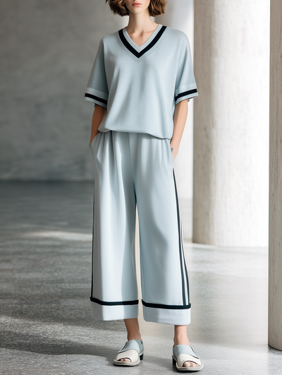 Relaxed-Fit Light Gray-Blue Short-Sleeve T-Shirt & Cropped Wide-Leg Pants Set