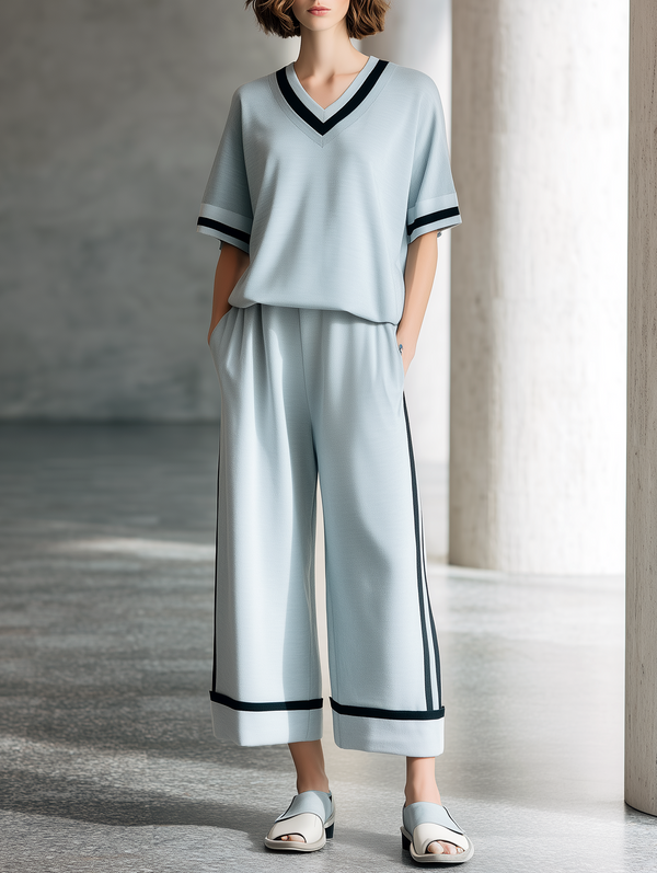 Relaxed-Fit Light Gray-Blue Short-Sleeve T-Shirt & Cropped Wide-Leg Pants Set