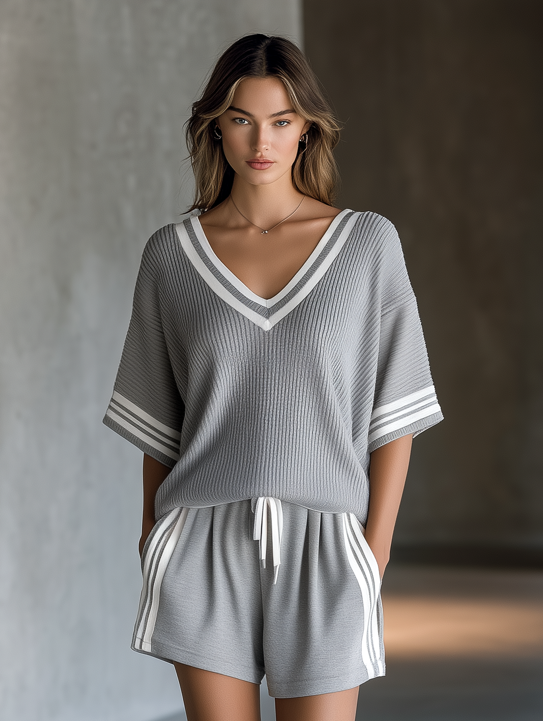 Relaxed-Fit Heather Grey V-Neck Knit Top With White Trim