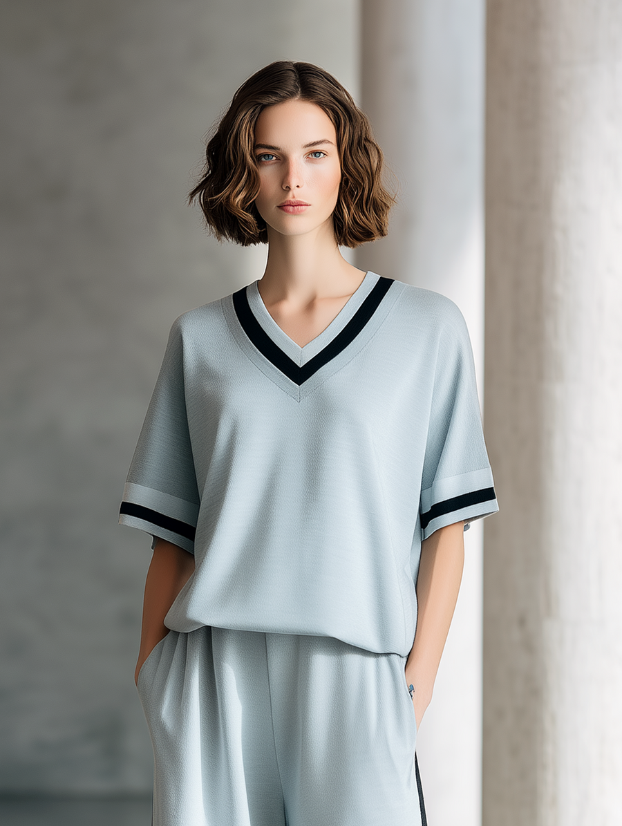 Relaxed-Fit Light Gray-Blue Short-Sleeve T-Shirt & Cropped Wide-Leg Pants Set