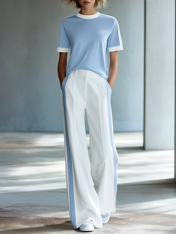 Commuter-Style Light Blue Crew Neck Top With Contrast Trim & White Wide-Leg Pants Set