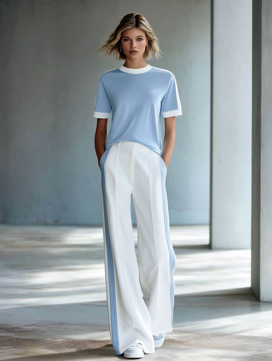Commuter-Style Light Blue Crew Neck Top With Contrast Trim & White Wide-Leg Pants Set