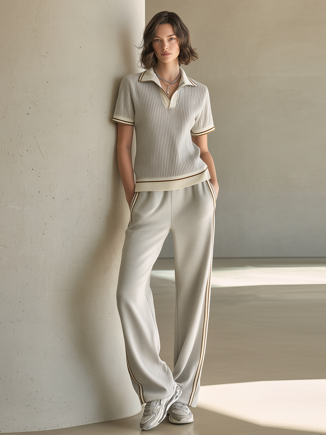 woman wearing knit polo shirt and trousers office