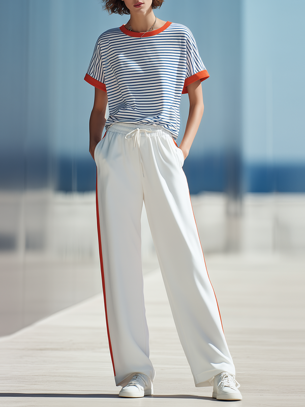 Color-block Striped T-shirt With Orange Piping And Side-stripe Wide-leg Pants Set