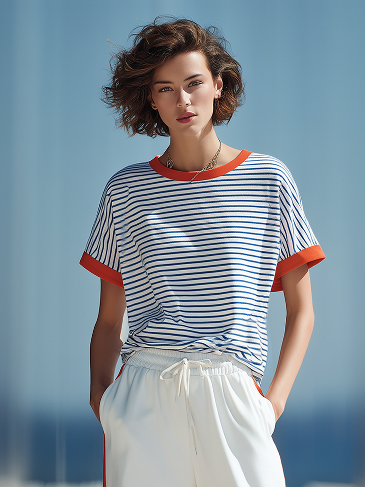 Blue And White Striped Color-block Crew-neck Short-sleeve Top