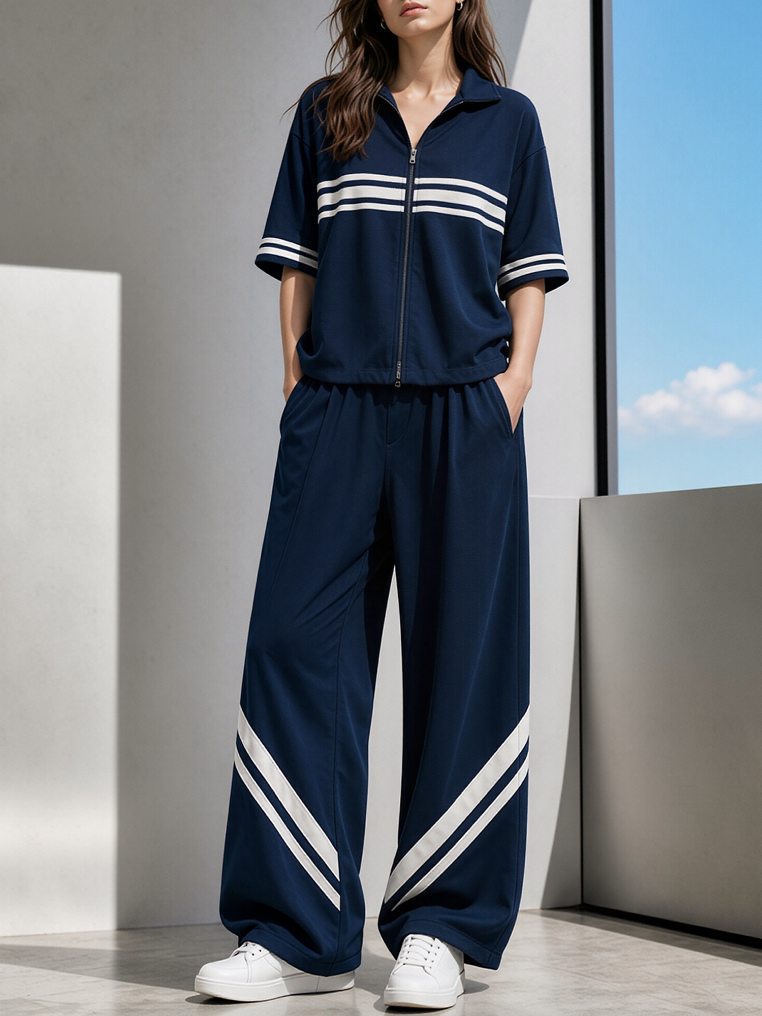 Navy Color-block Double-zip Top And Side-stripe Wide-leg Pants Set
