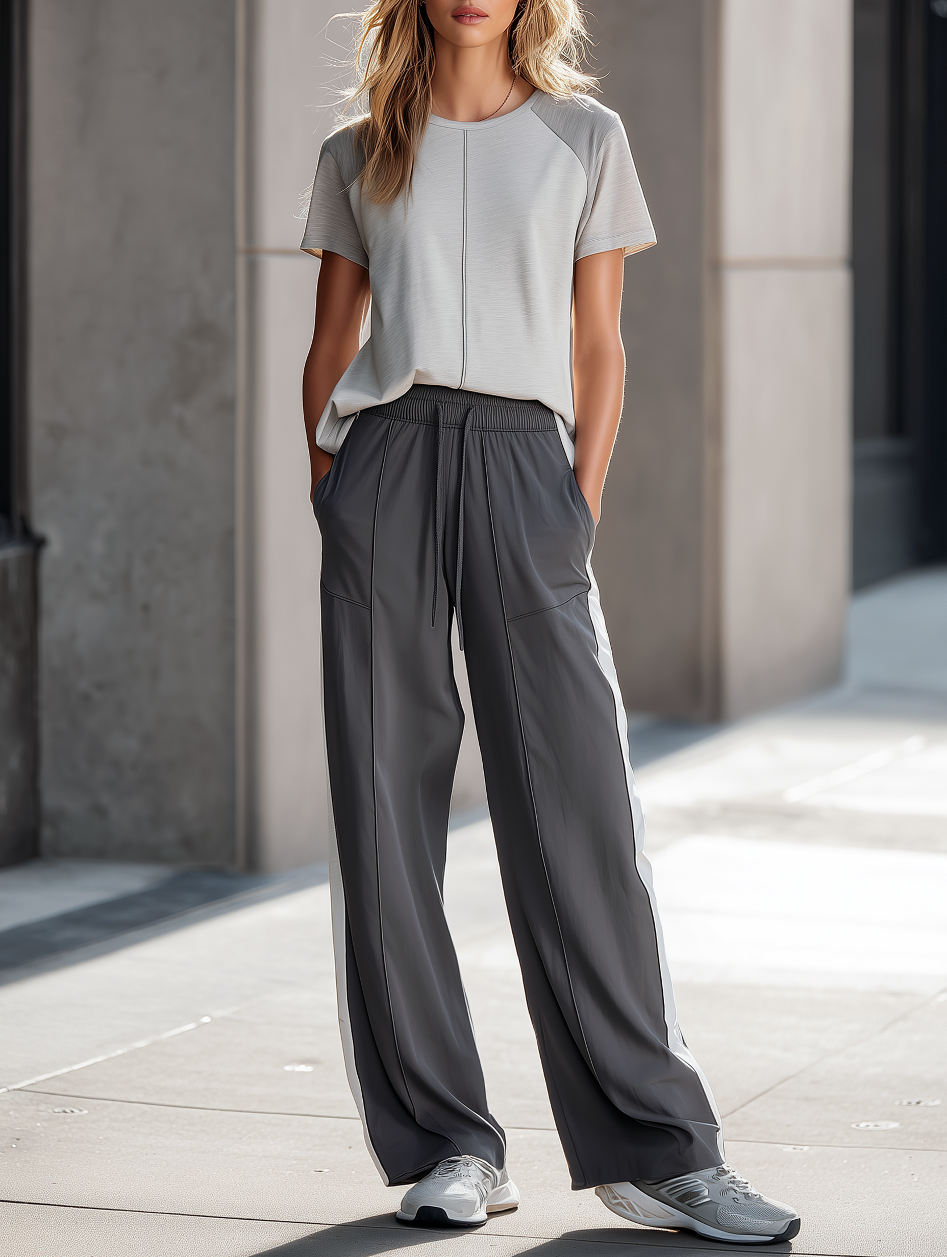 Light Gray Short-sleeve T-shirt And Wide-leg Trousers Set