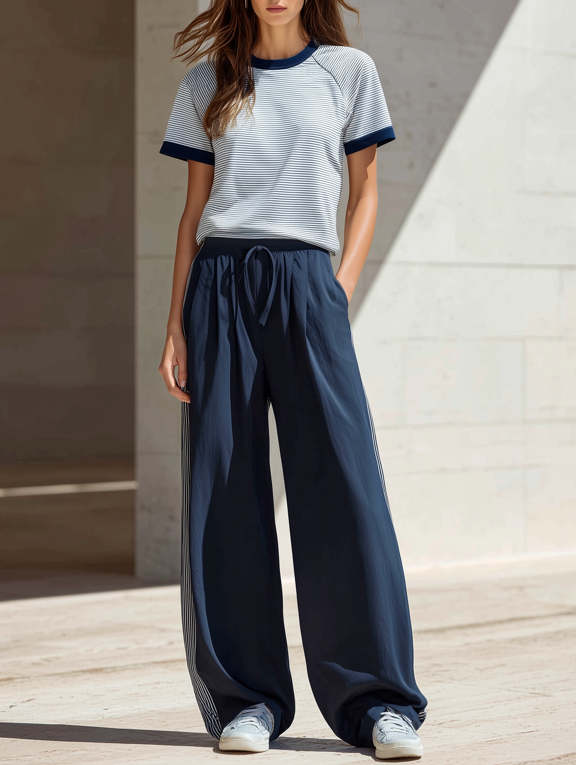 Navy Fine-Stripe Short-Sleeve Top And Drapey Wide-Leg Pants Set