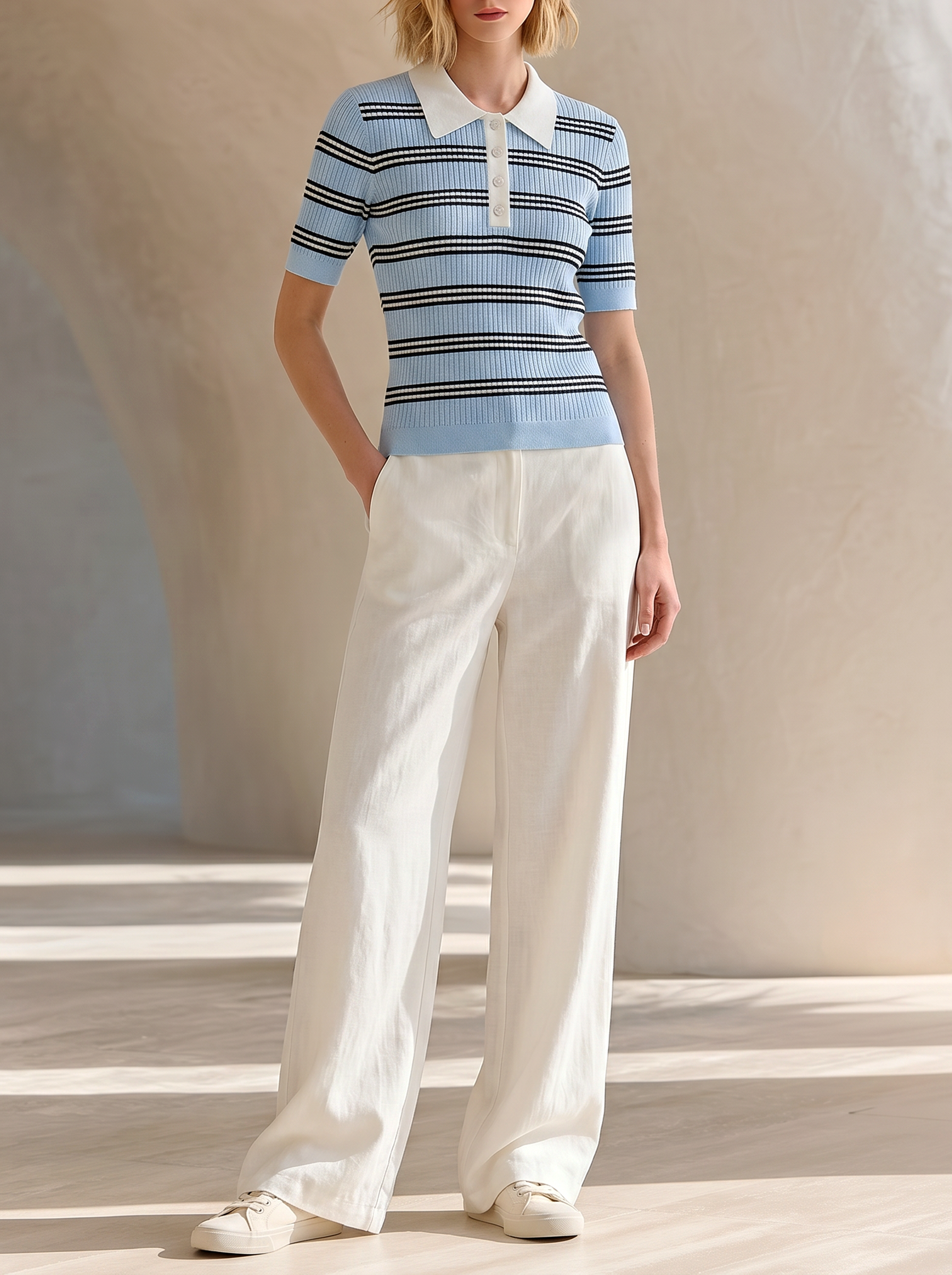 Light Blue Striped Knit Top And Straight-leg Trousers Set