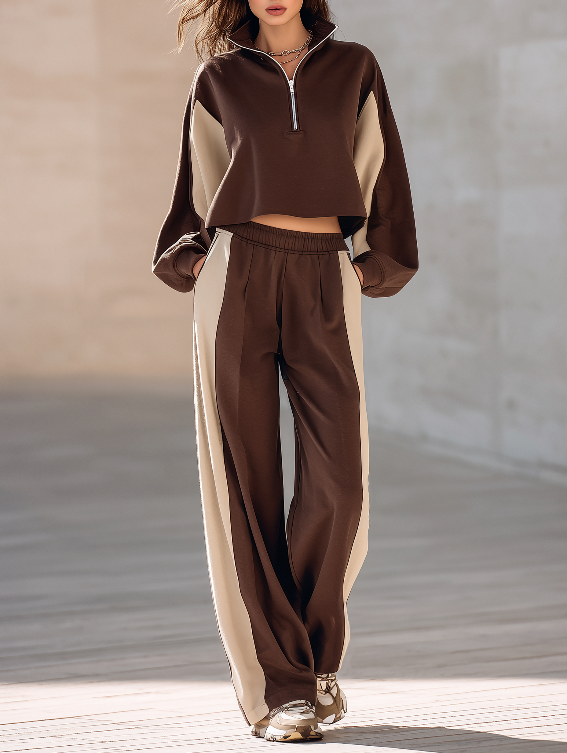Light Brown Color-Block Half-Zip Sweatshirt And Wide-Leg Sweatpants Set