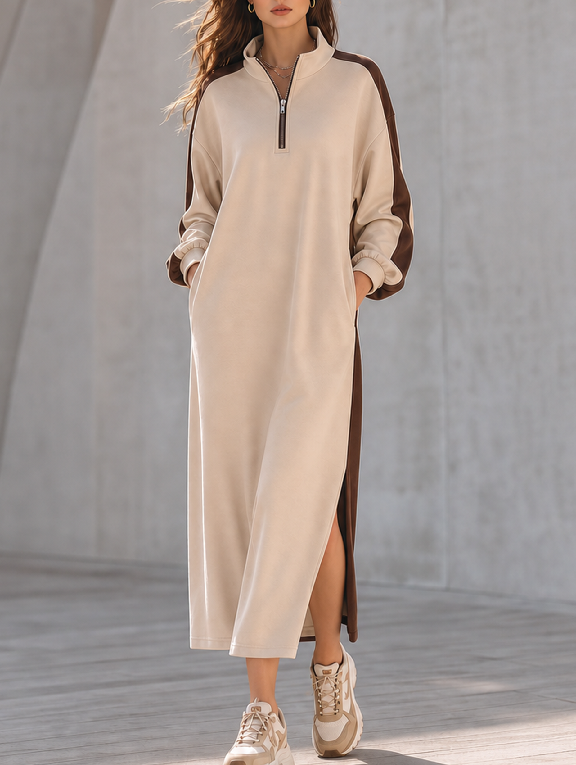 Khaki And Brown Color-block Half-zip Patchwork Sweatshirt Dress