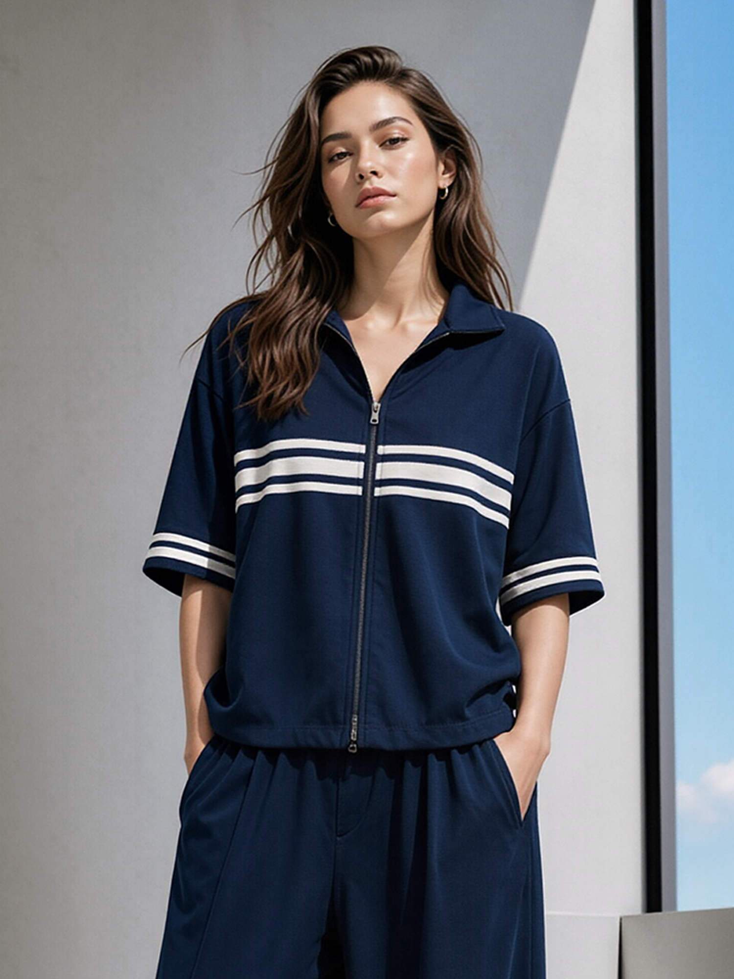 Navy And White Horizontal-stripe Full-zip Short-sleeve Jacket With A Collar