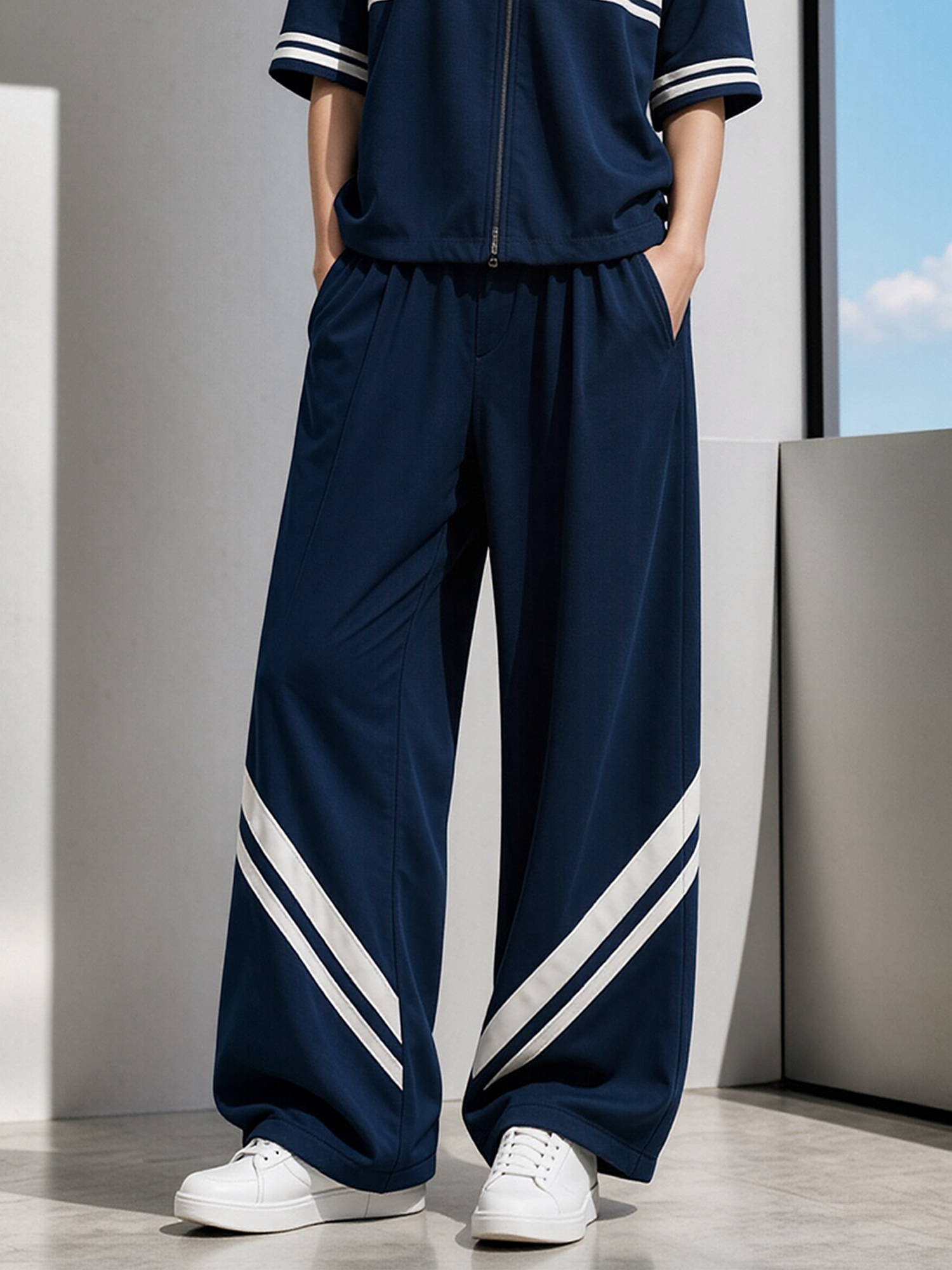 Navy Blue Wide-leg Trouser Set With Contrasting Diagonal White Stripes