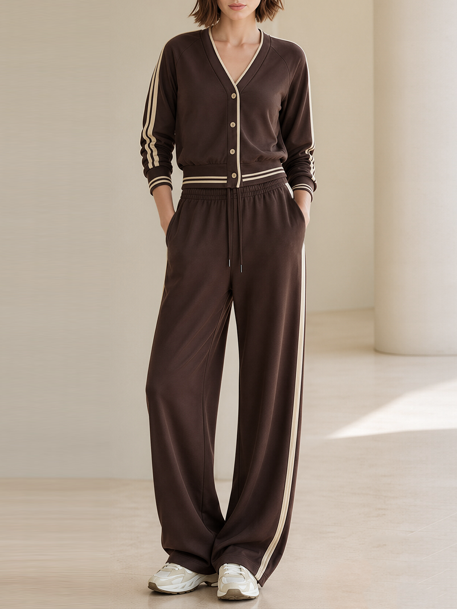 Dark Brown V-Neck Button Cardigan & Cream Side-Stripe Wide-Leg Pants Set