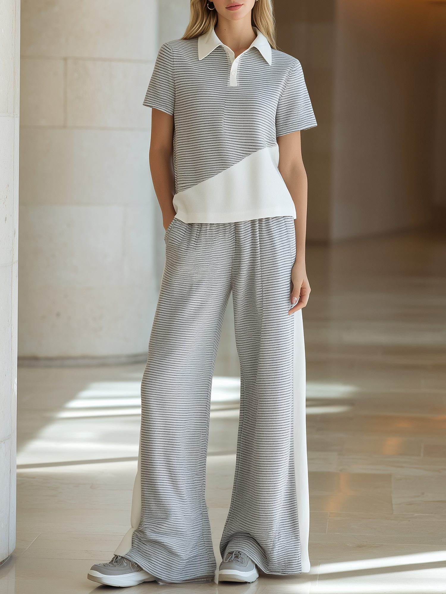 Grey Pinstriped Color-block Polo Shirt And Slight-flare Trousers Set