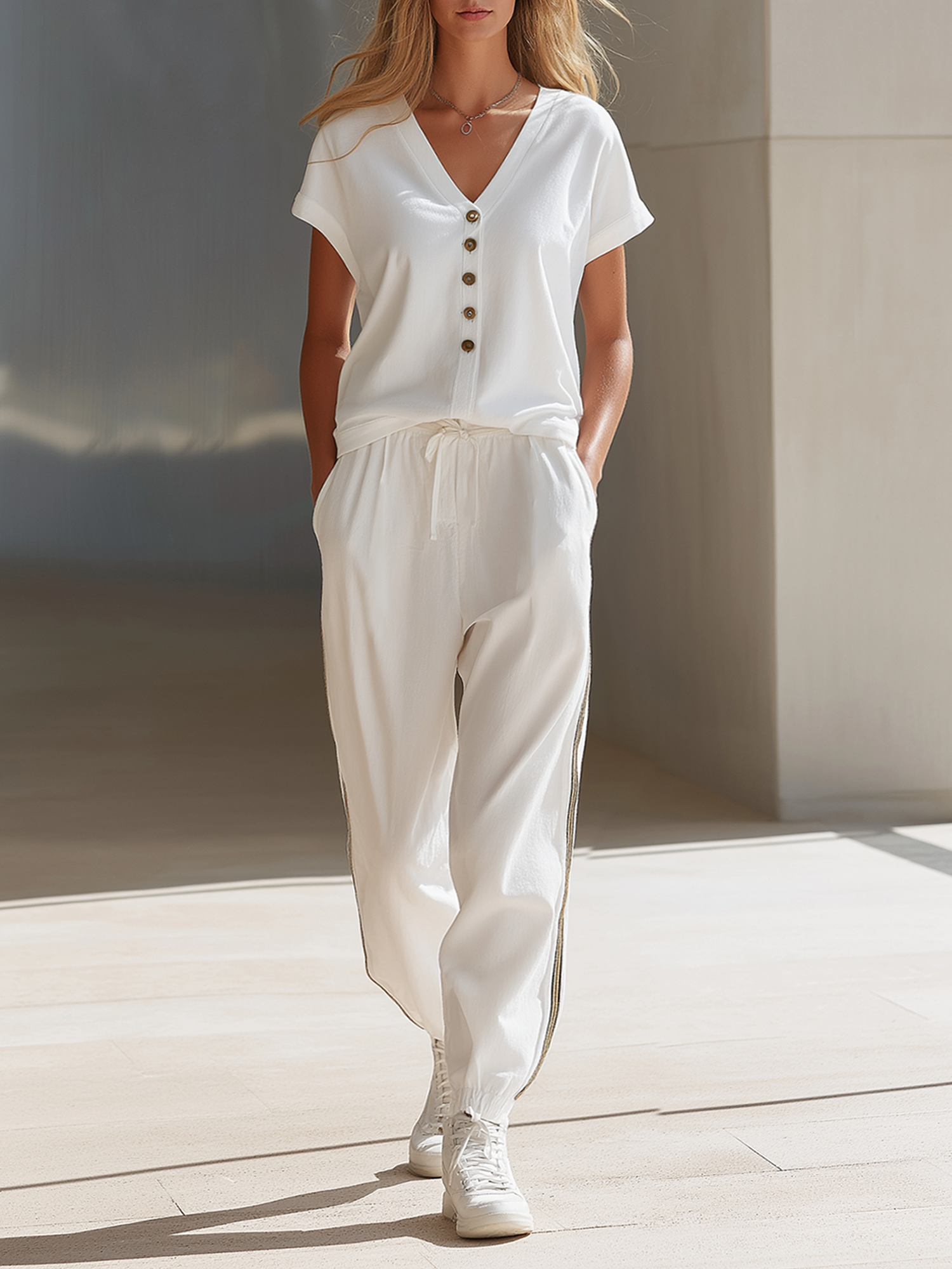 White V-neck Vintage-style Button-front Top With Cuffed Sleeves And Joggers Set