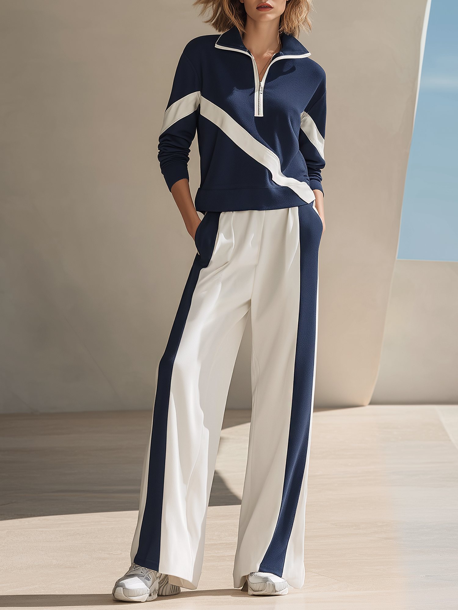 Navy And White Diagonal-stripe Half-zip Top And Wide-leg Trousers Set
