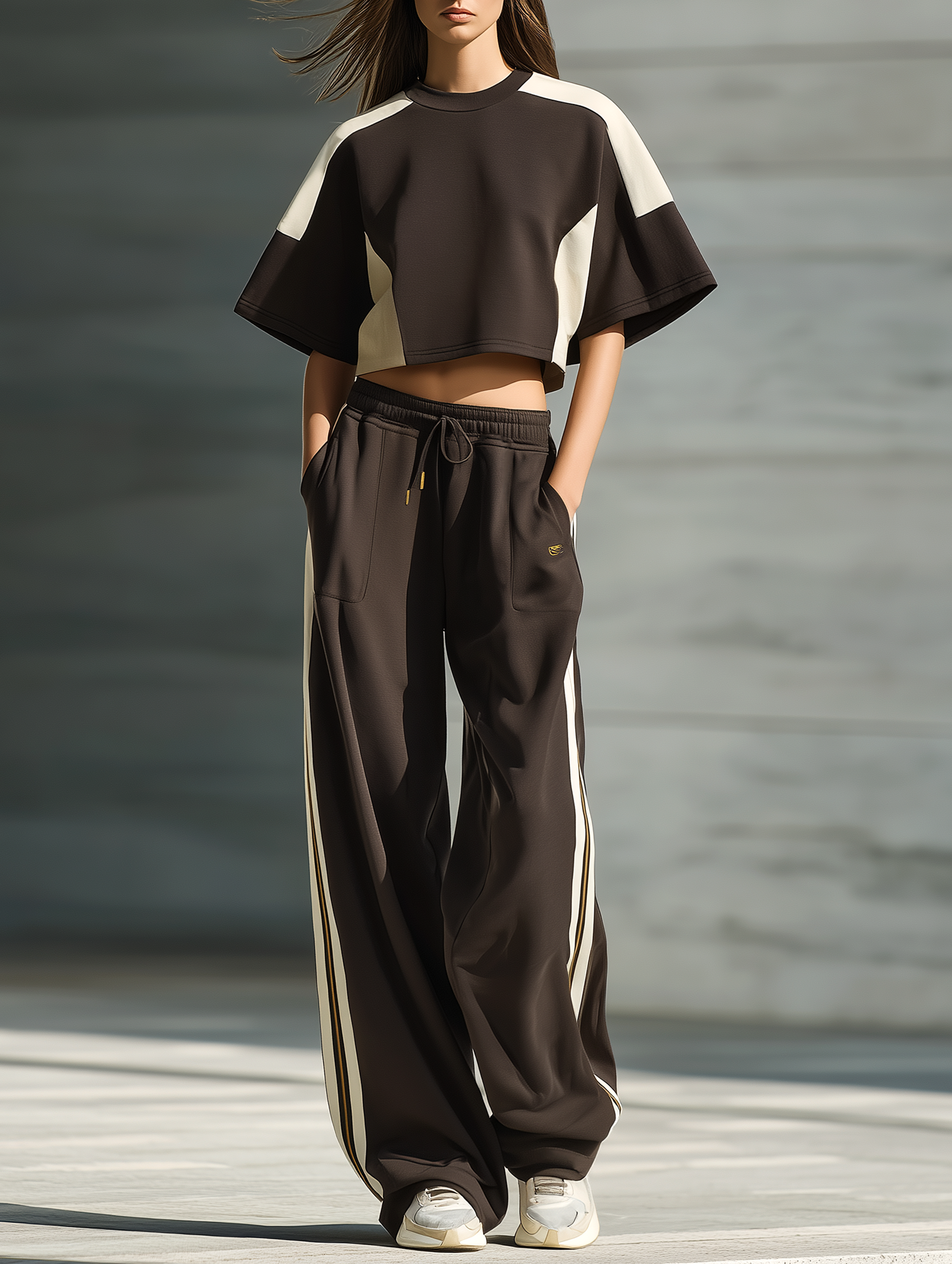 Coffee-colored Drop-shoulder T-shirt And Wide-leg Sweatpants Set
