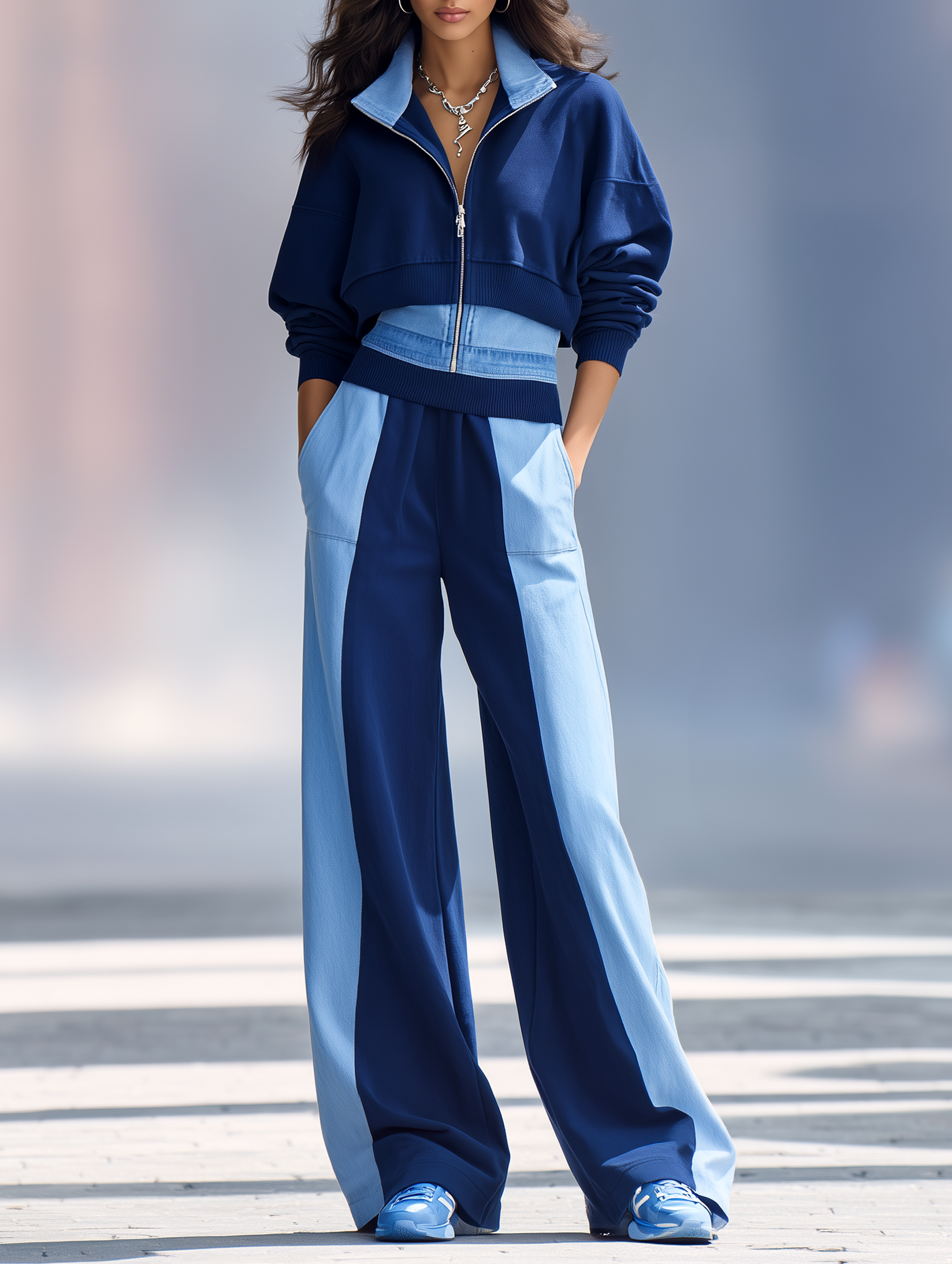 Faux-layered Denim-panel Zip-up Sweatshirt And Wide-leg Pants Set