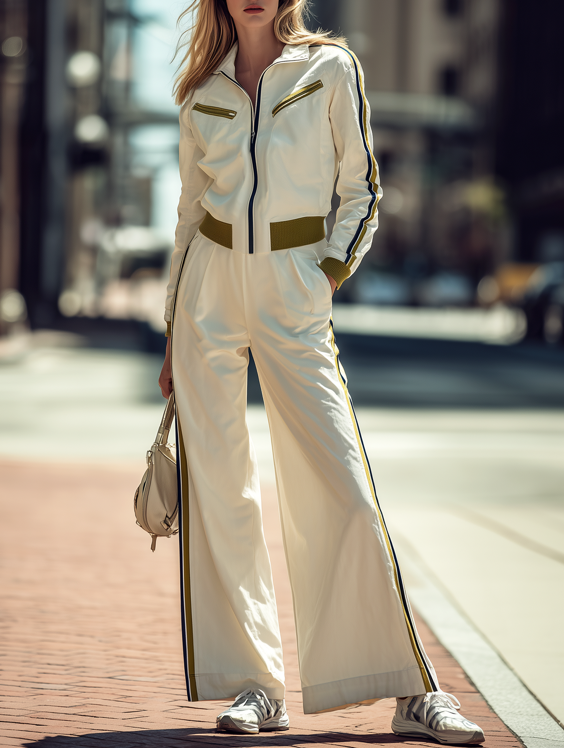 Off-white Color-block Zip-up Jacket And Loose Wide-leg Pants Set