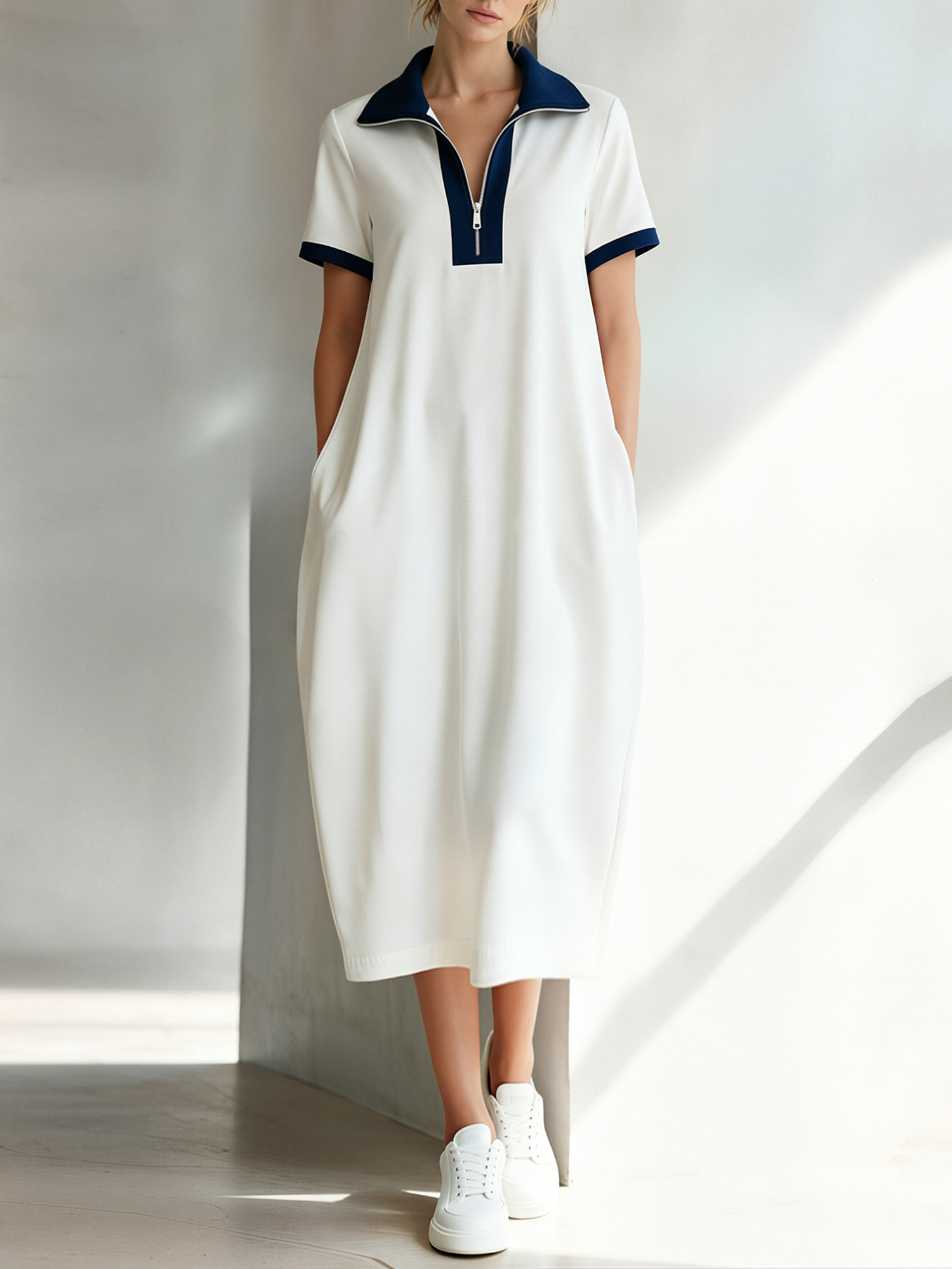 White And Navy Color-blocked Half-zip Cocoon-style Midi Sweatshirt Dress