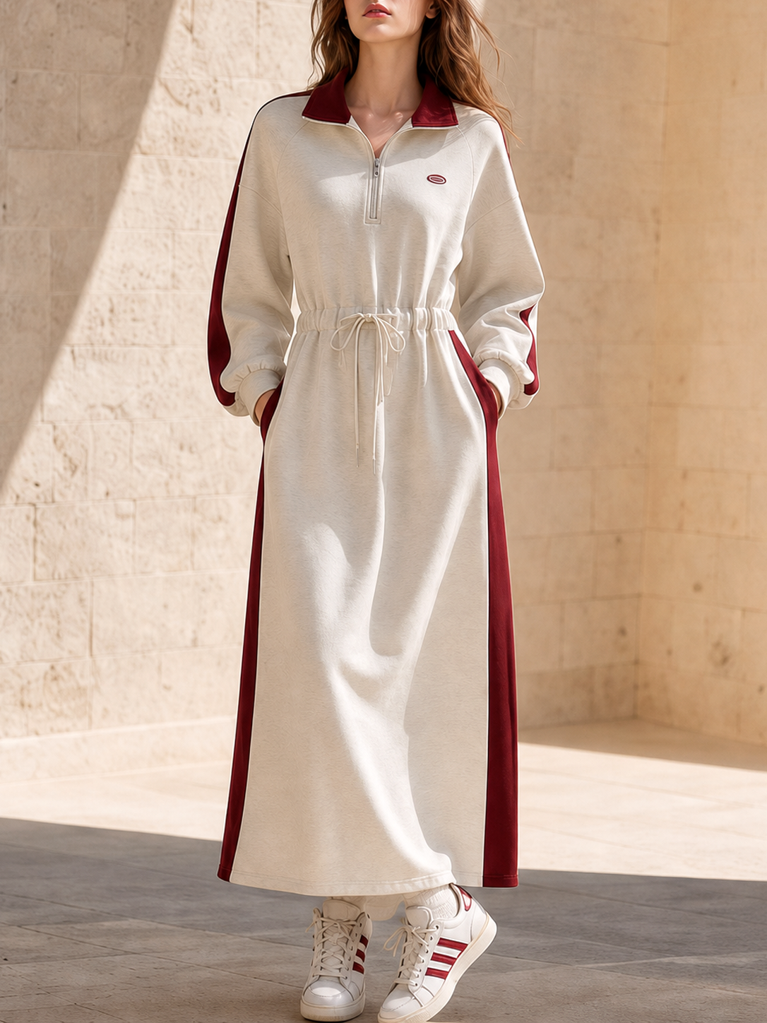 Light Grey And Burgundy Color-block Waist-cinching Sweatshirt Dress