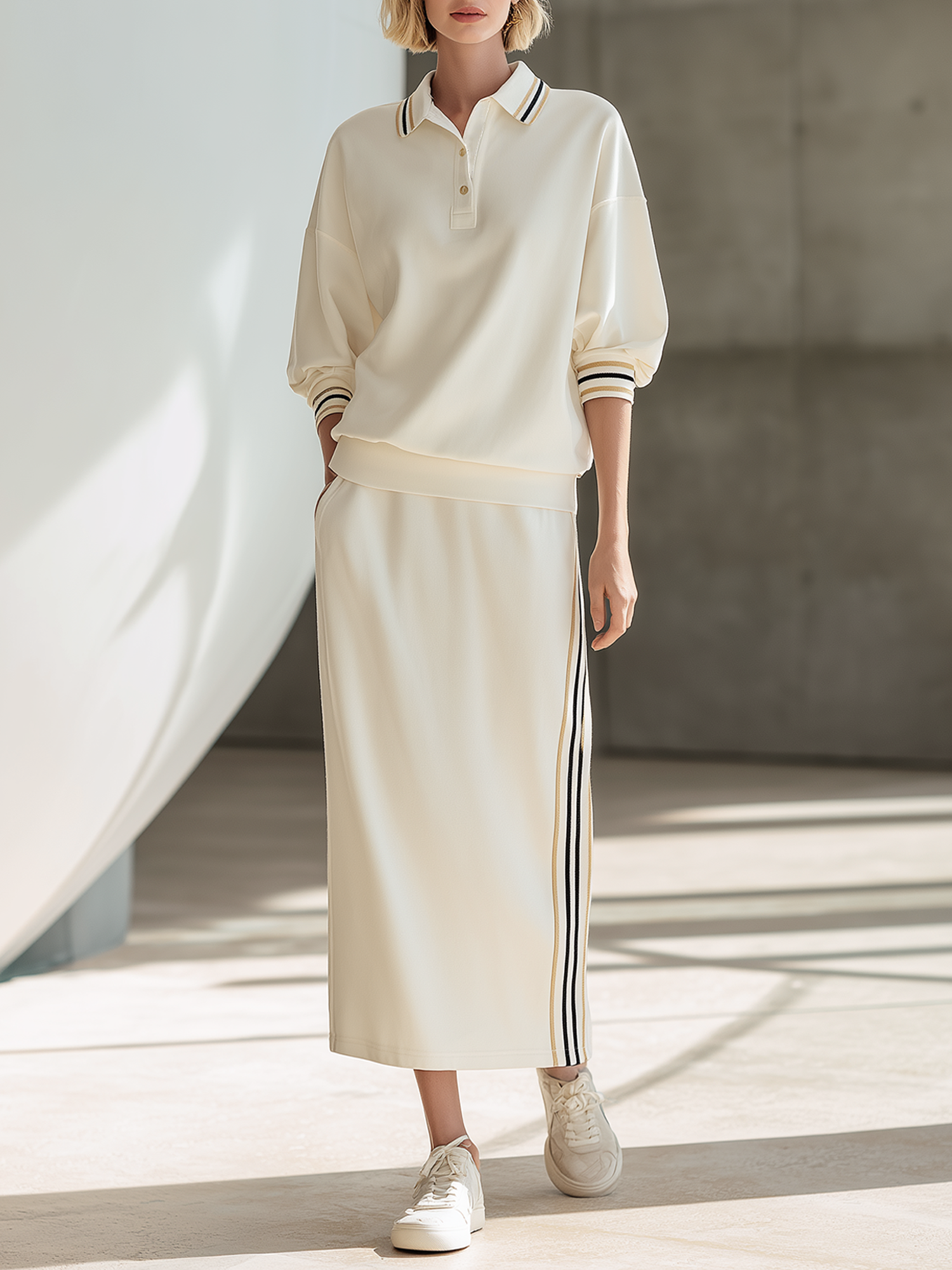 Off-white And Striped Color-block Mid-sleeve Polo Top And Side-striped Midi Skirt Set