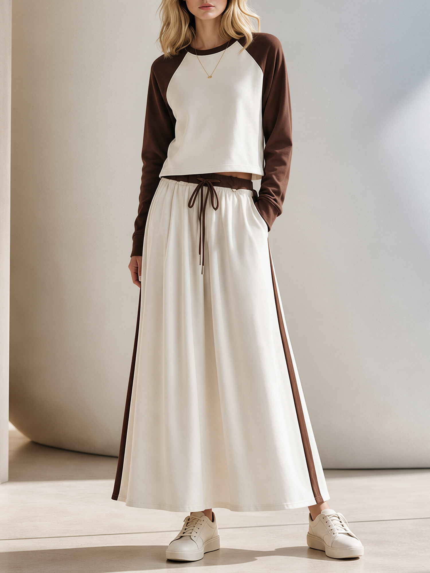 White And Brown Raglan-sleeve Cropped Top And Wide-hem Maxi Skirt Set