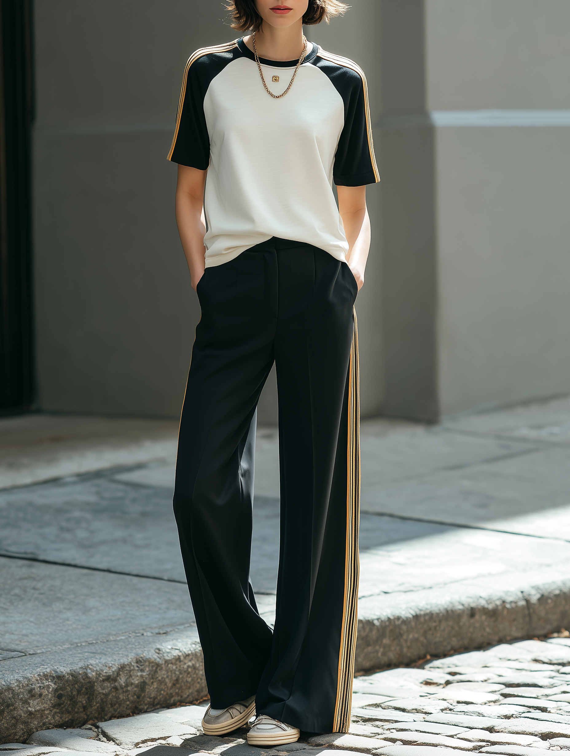 Retro Webbing-Trim Raglan Top And Wide-Leg Pants Set