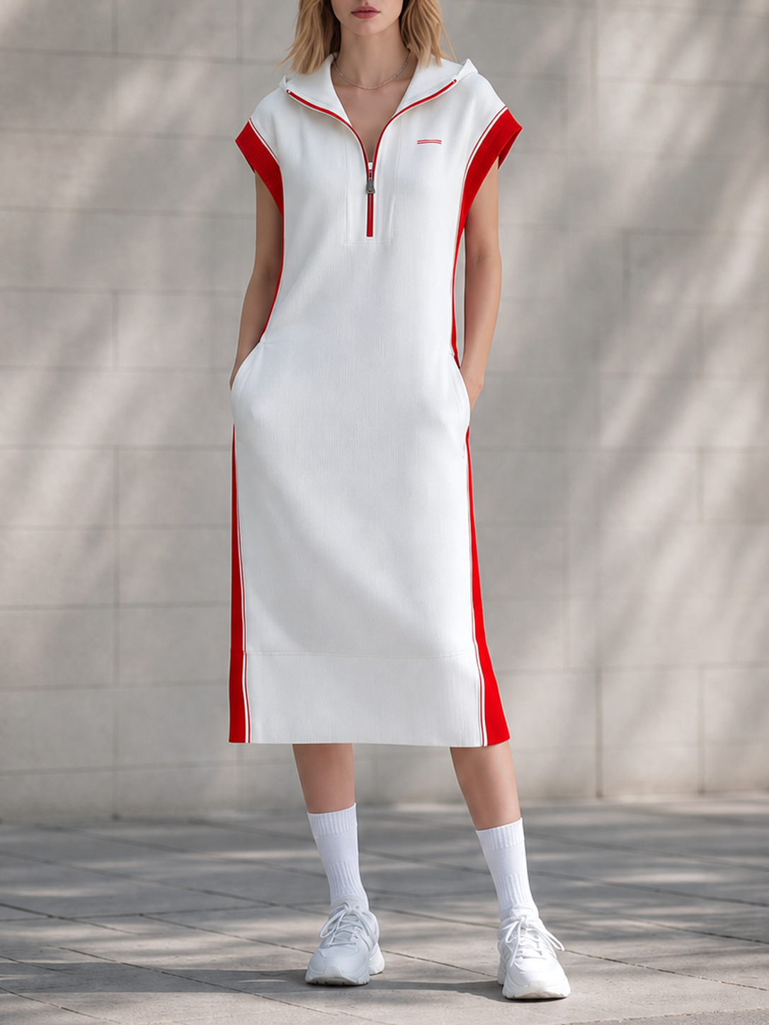 White Sleeveless Hooded Athletic Tank Dress With Binding Trim