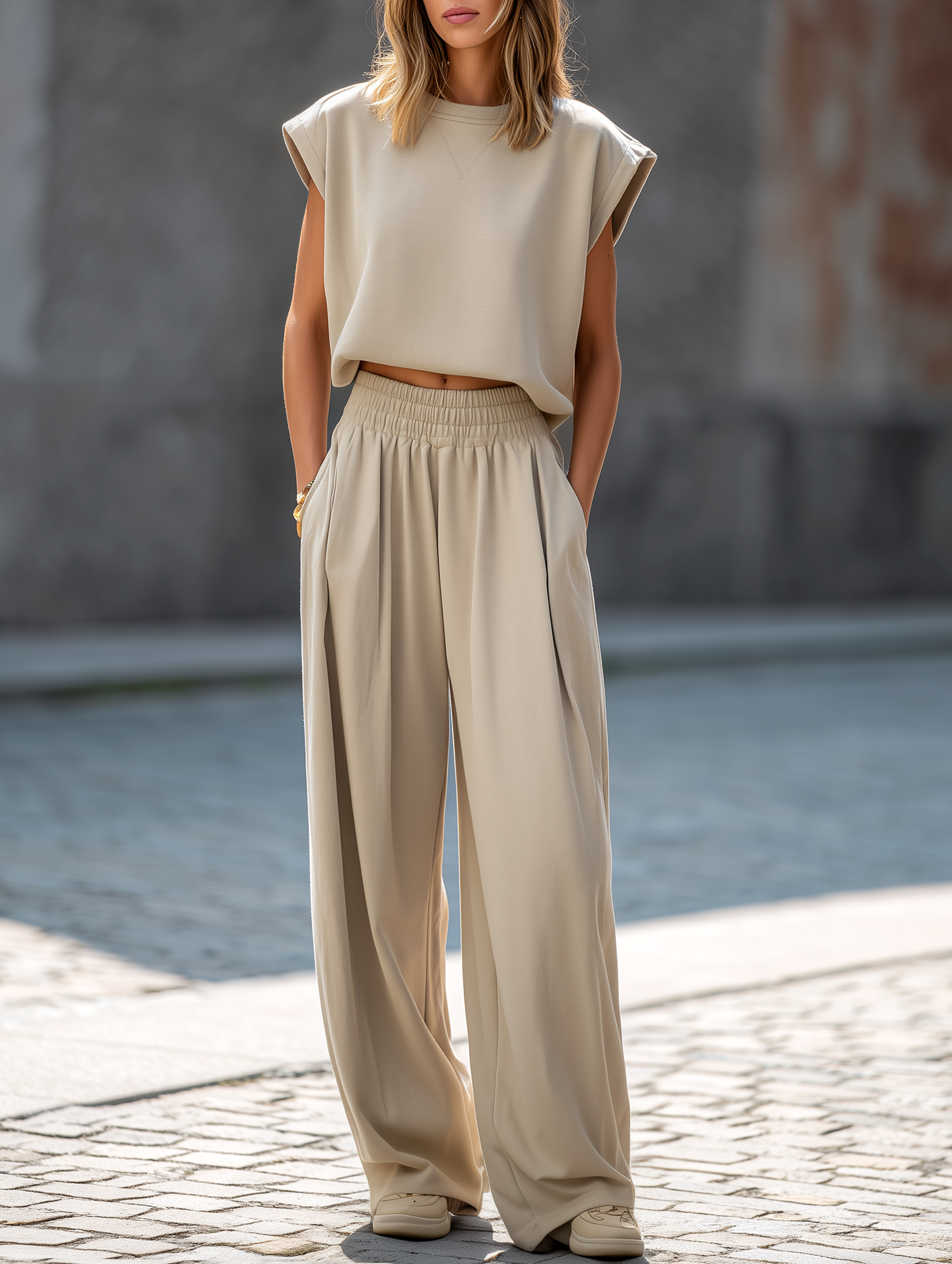 Khaki Wide-shoulder Tank Top And High-waisted Wide-leg Trousers Set