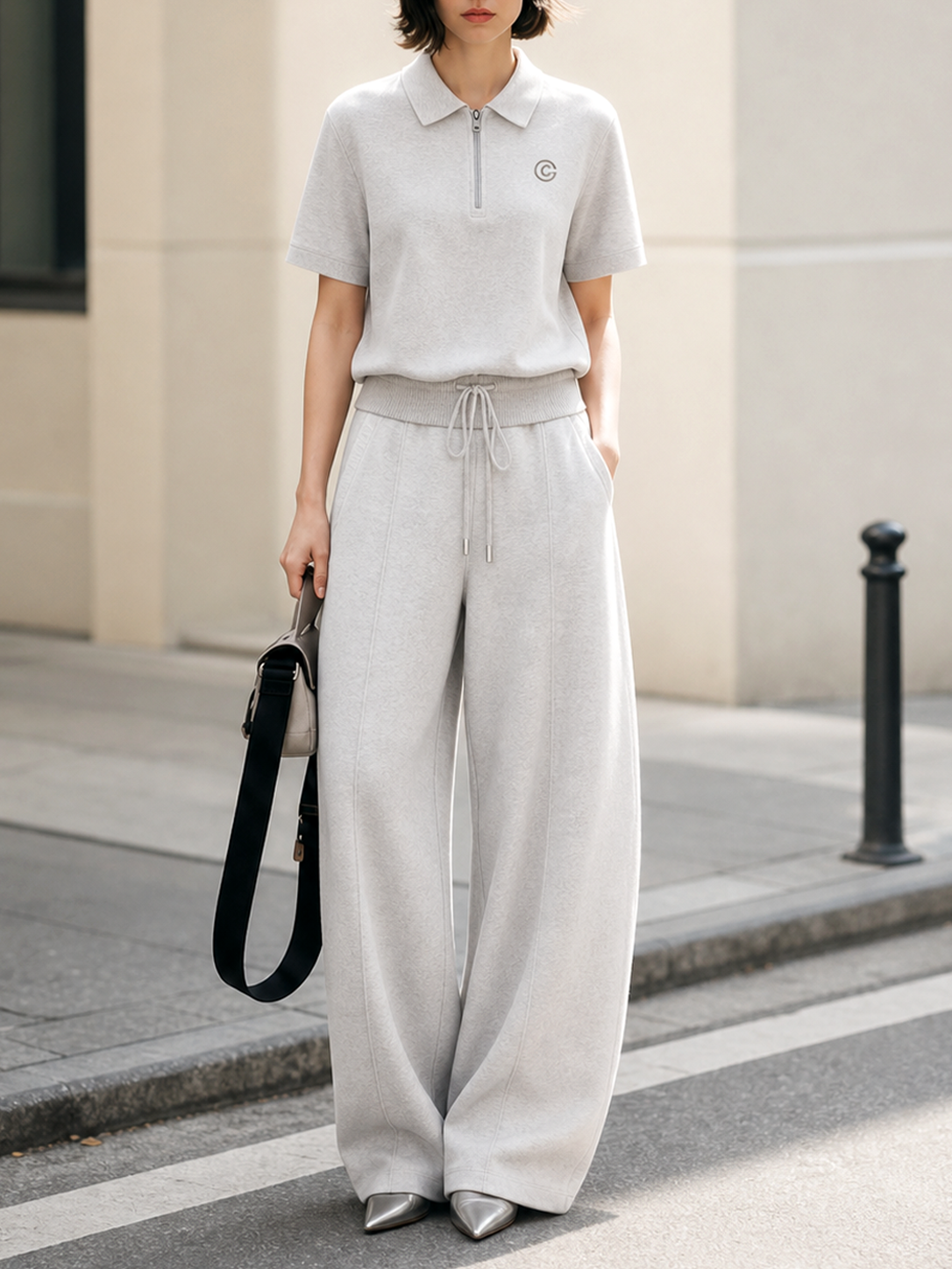Light Gray Half-placket Polo Shirt And Curved-seam Wide-leg Sweatpants Set