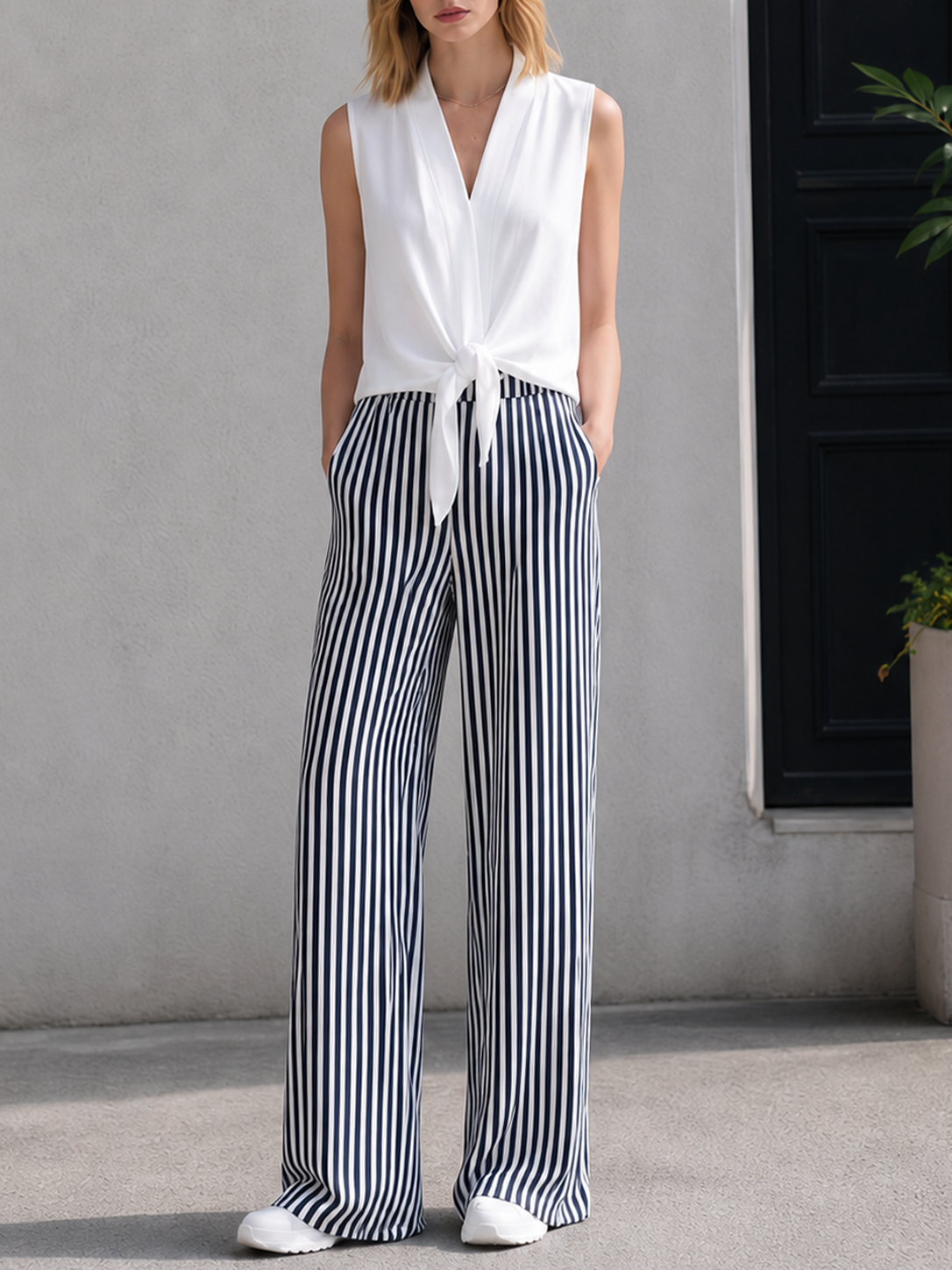 White V-neck Tie-front Top And Vertical-striped Wide-leg Trousers Set