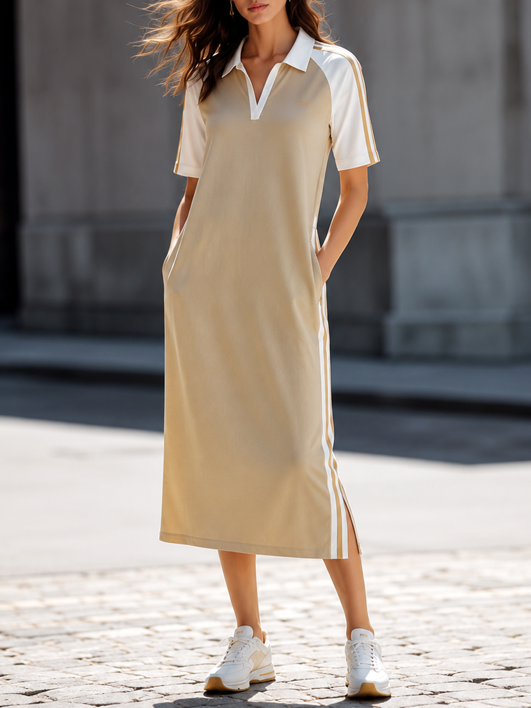 Khaki And White Color-Block Raglan Polo Midi Dress