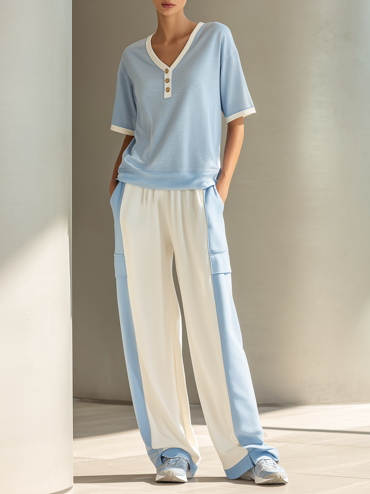 Light Blue Color-block V-neck Button-front Top And Wide-leg Trousers Set