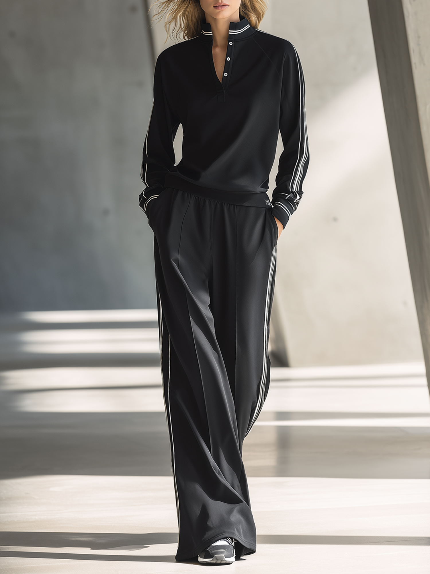 Black Half-Placket Stand Collar White Side Stripe Wide-Leg Tracksuit Set