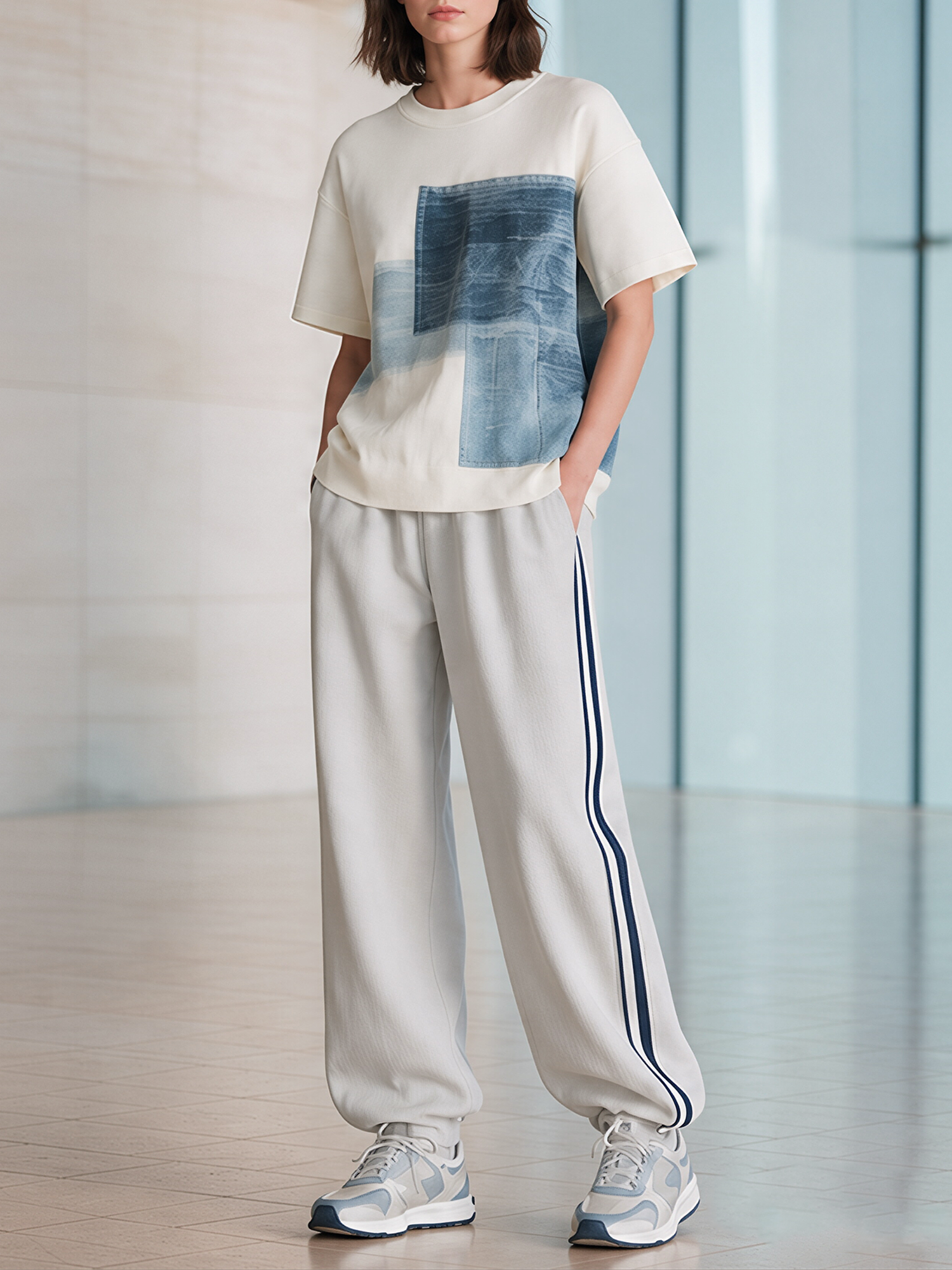 Off-white Faux-denim Print T-shirt And Light Gray Joggers Set