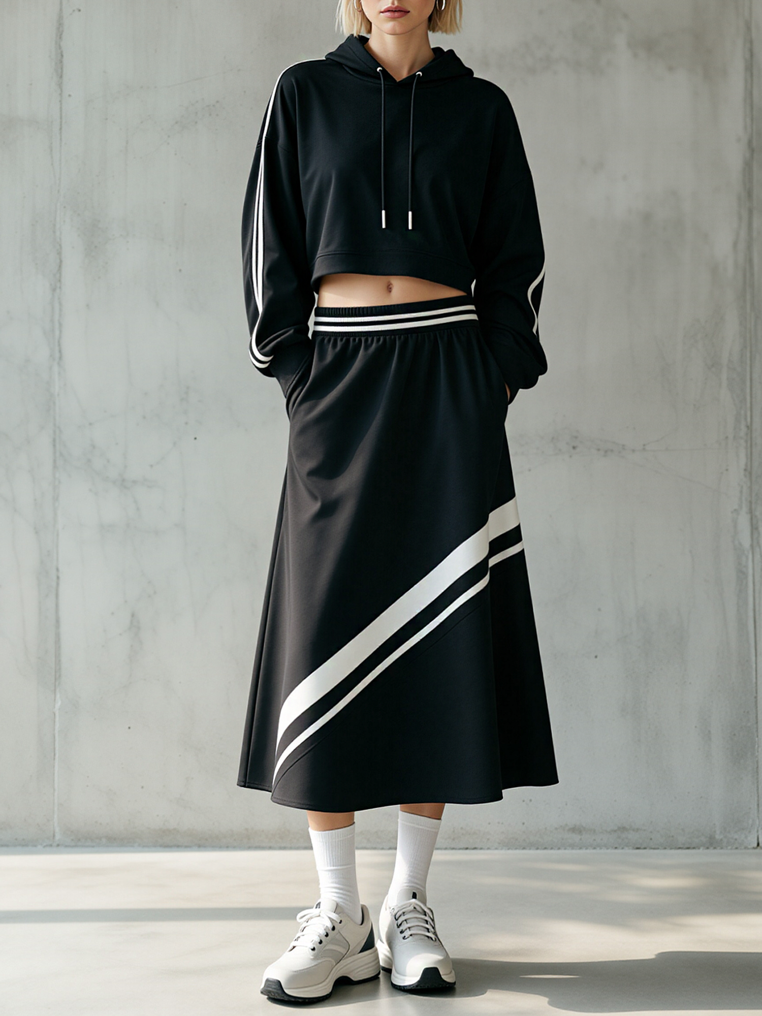 Lack Cropped Hoodie White Side Stripe & Diagonal Stripe Midi Skirt Set